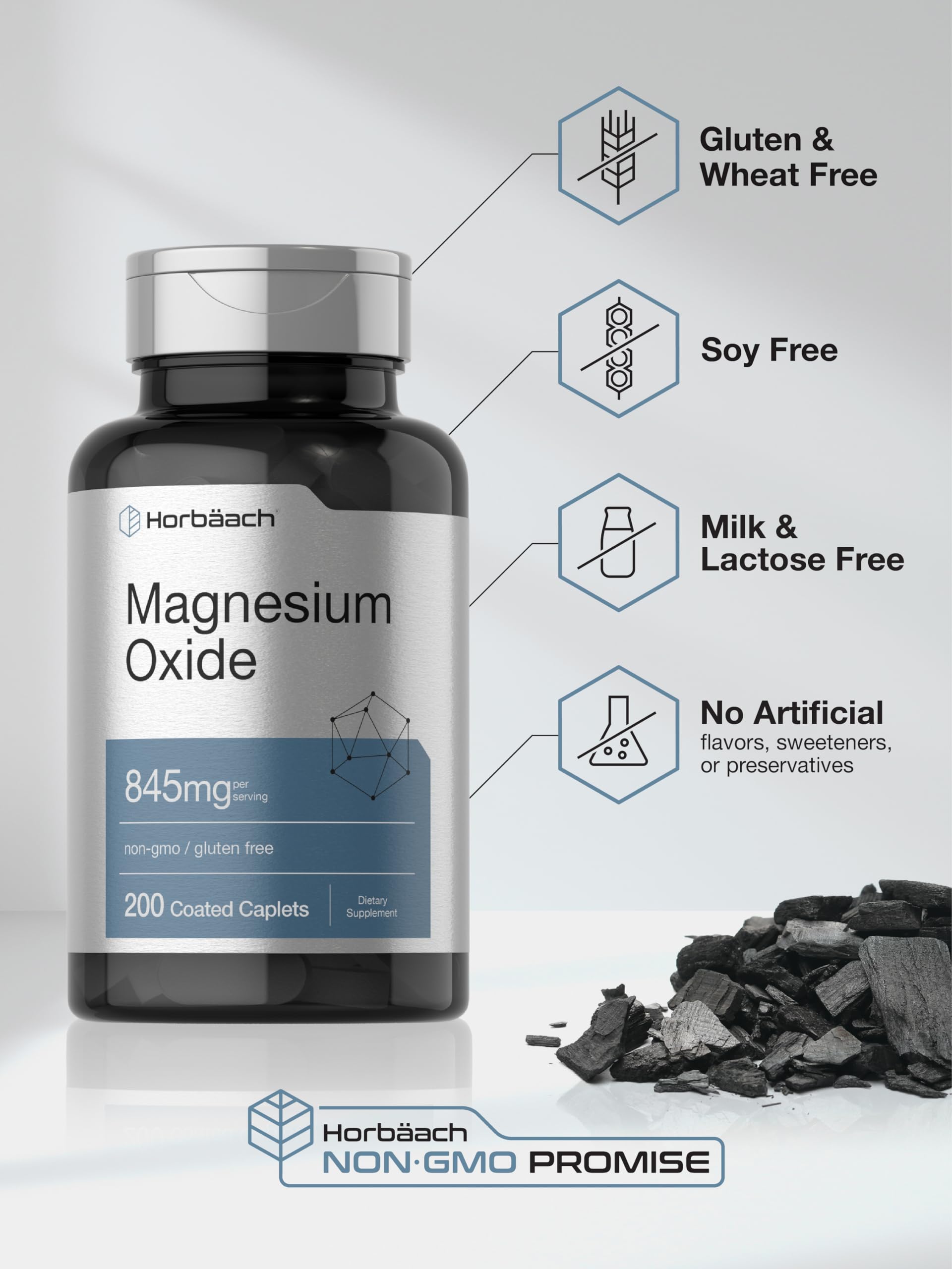Horbäach Magnesium Oxide | 845 mg | 200 Coated Caplets | Vegetarian, Non-GMO, and Gluten Free Supplement - Image 5