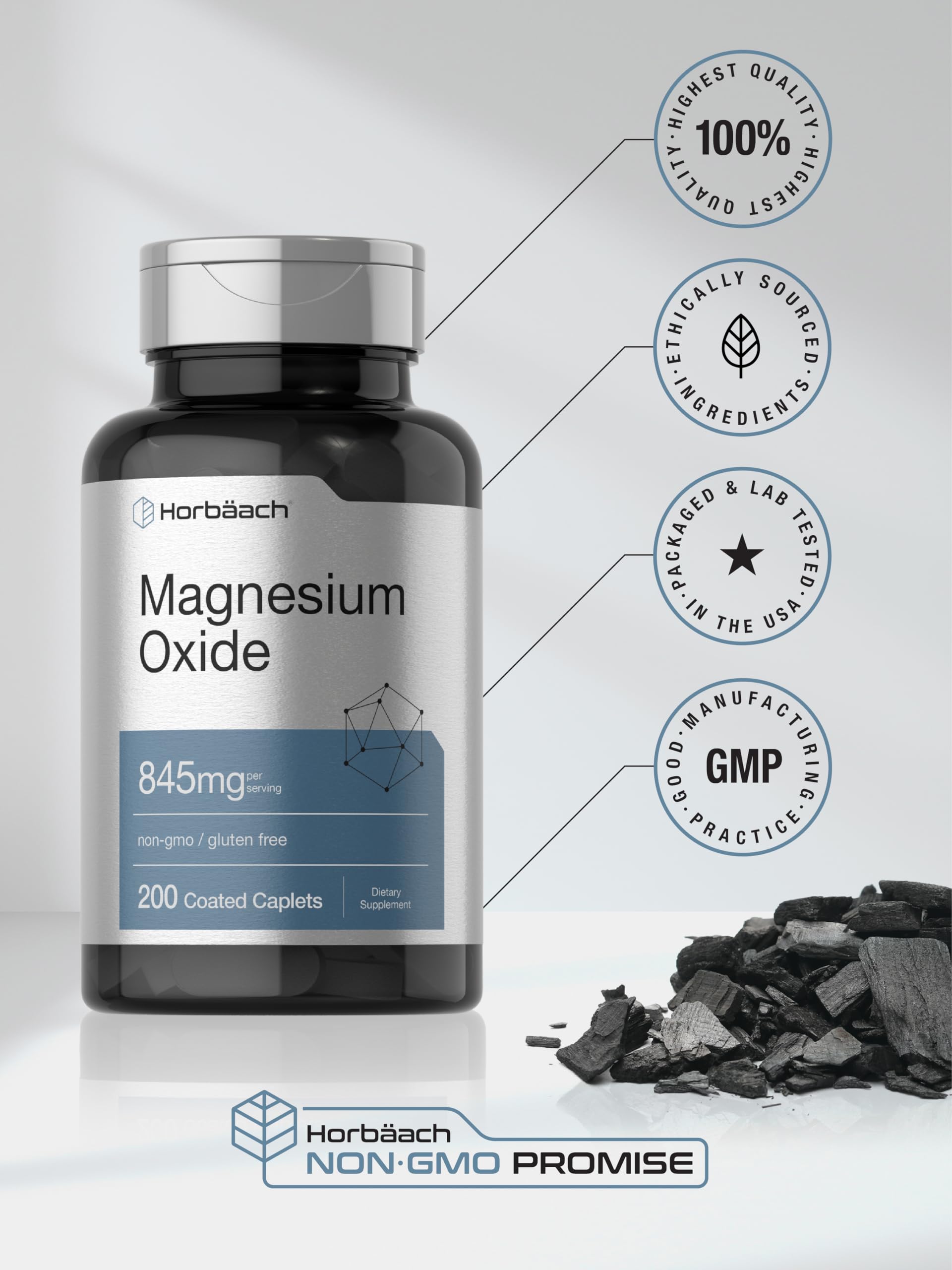 Horbäach Magnesium Oxide | 845 mg | 200 Coated Caplets | Vegetarian, Non-GMO, and Gluten Free Supplement - Image 6