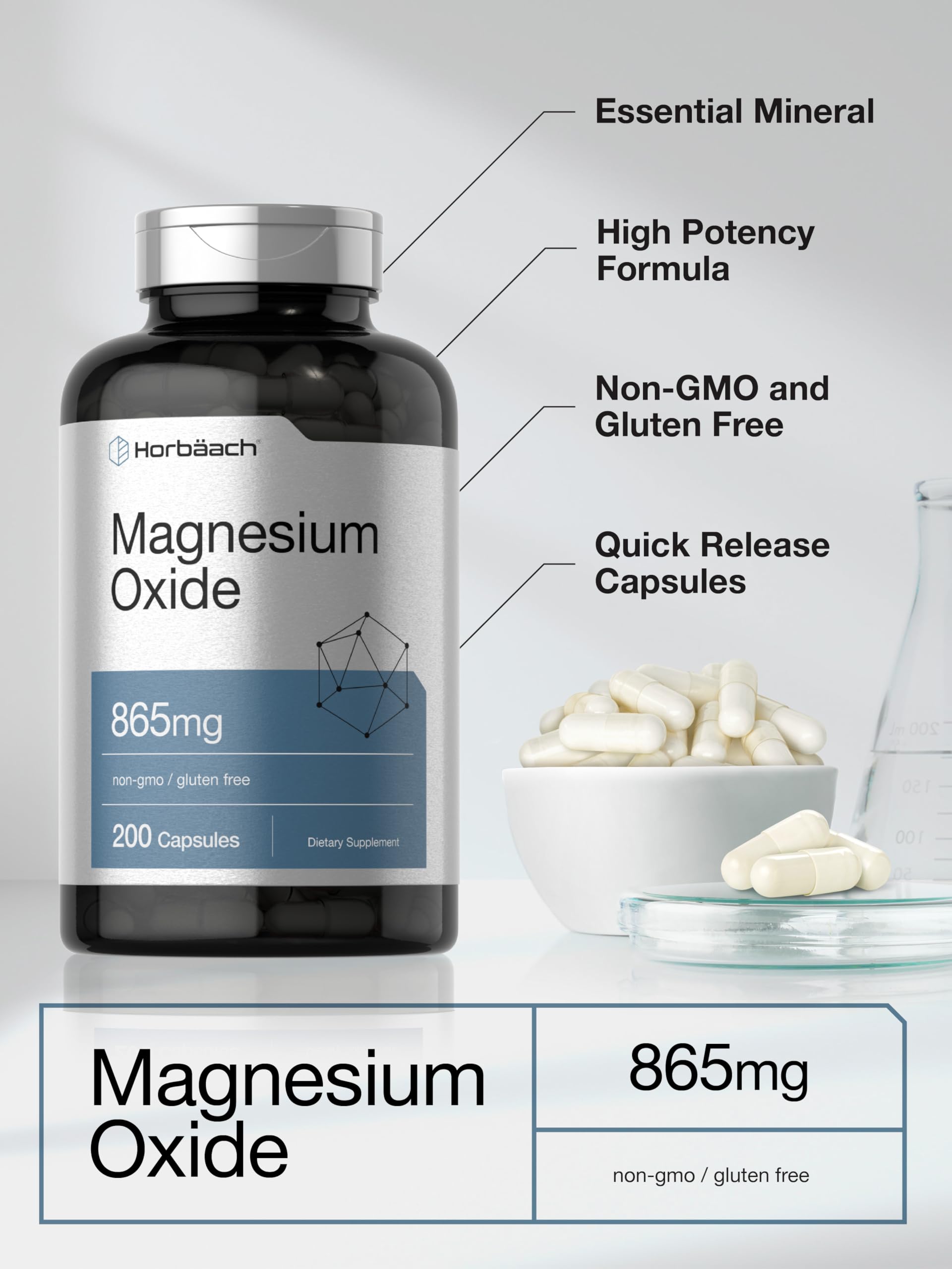 Horbäach Magnesium Oxide 865 mg | 200 Capsules | Non-GMO and Gluten Free Supplement - Image 4