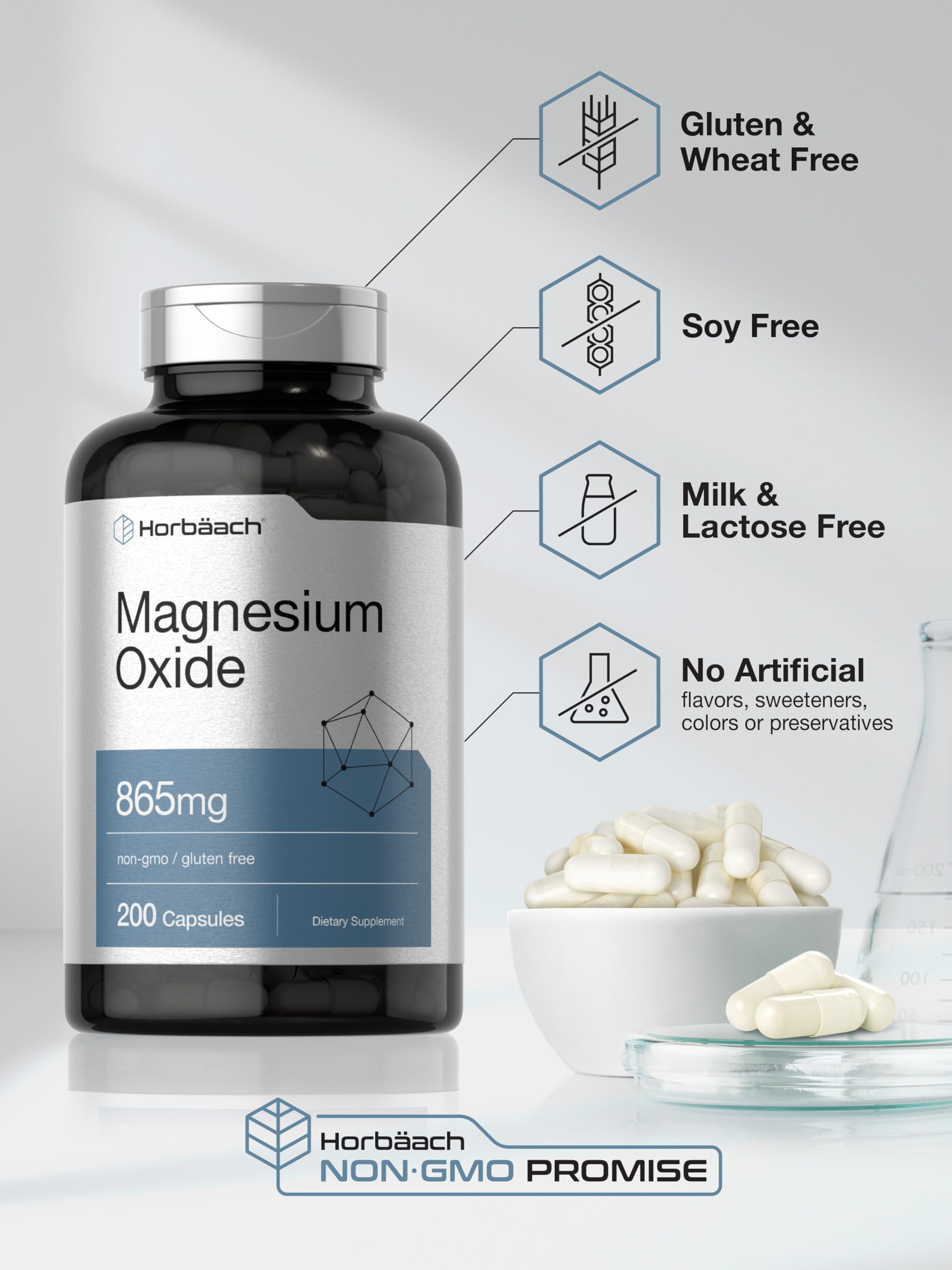 Horbäach Magnesium Oxide 865 mg | 200 Capsules | Non-GMO and Gluten Free Supplement - Image 5