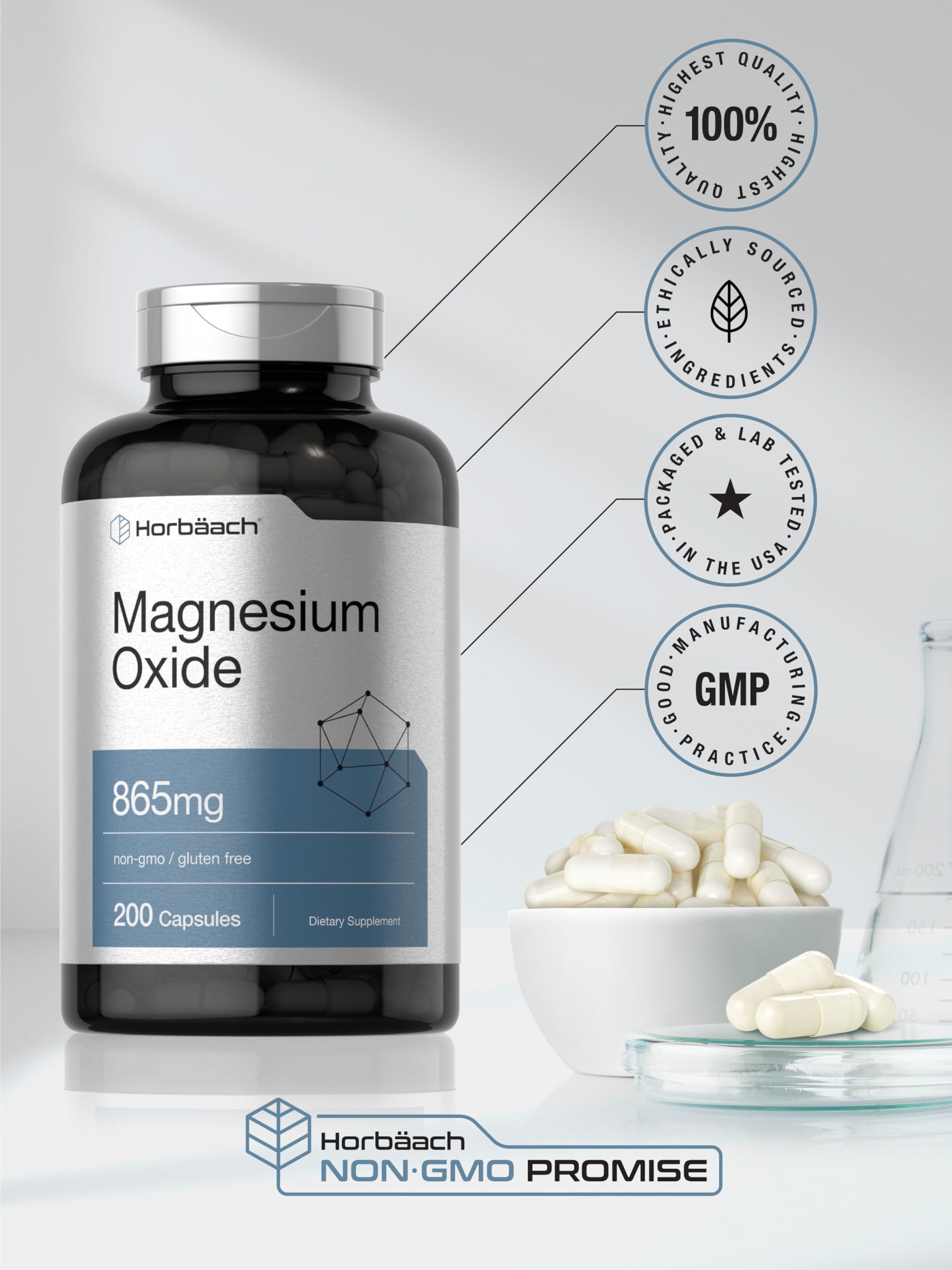 Horbäach Magnesium Oxide 865 mg | 200 Capsules | Non-GMO and Gluten Free Supplement - Image 6
