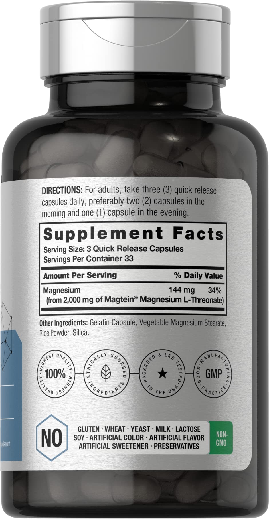 Horbäach Magtein Magnesium L-Threonate | 2000mg Supplement | 100 Capsules | for Men & Women | Non-GMO and Gluten Free - Image 2