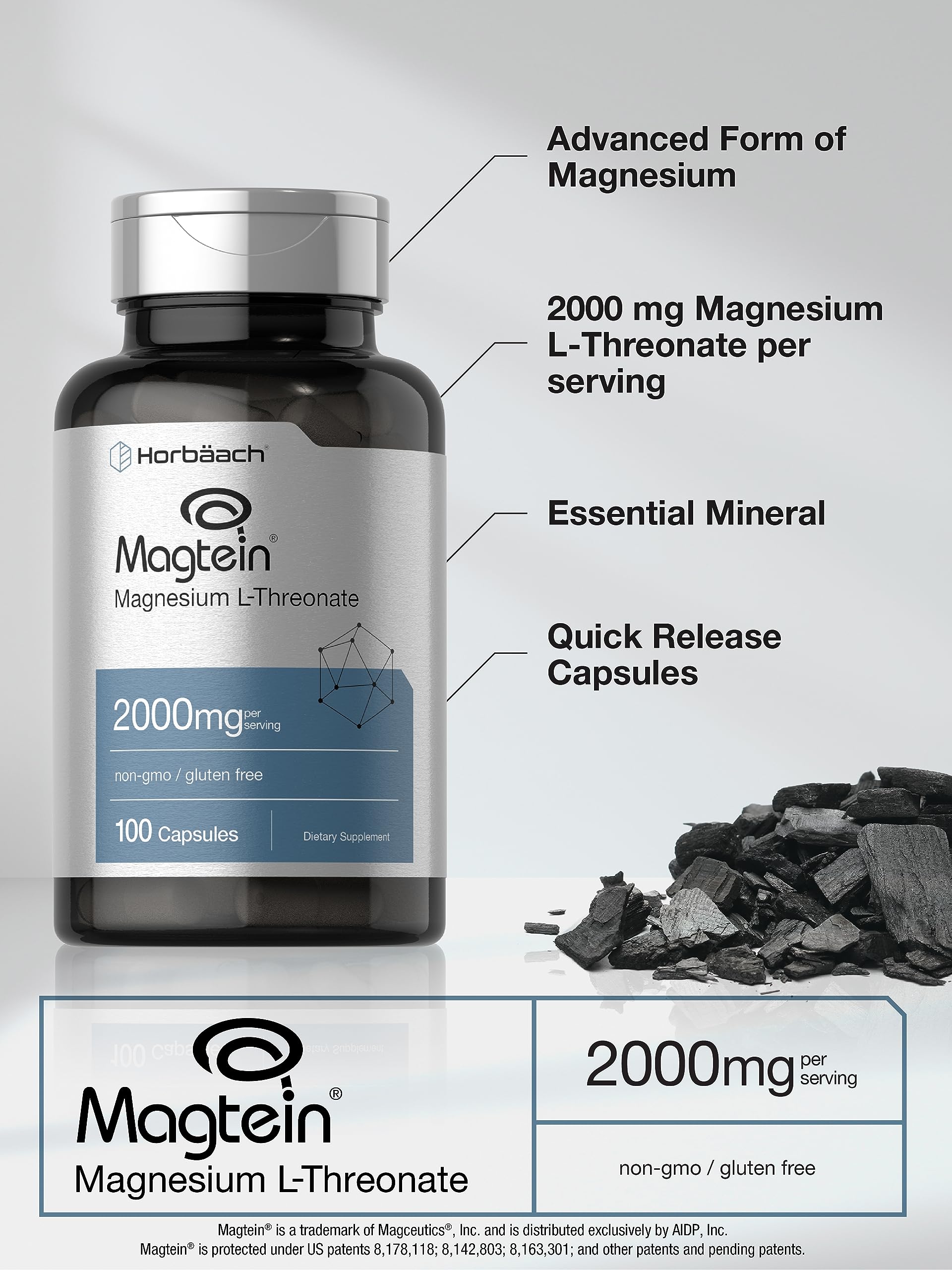 Horbäach Magtein Magnesium L-Threonate | 2000mg Supplement | 100 Capsules | for Men & Women | Non-GMO and Gluten Free - Image 3