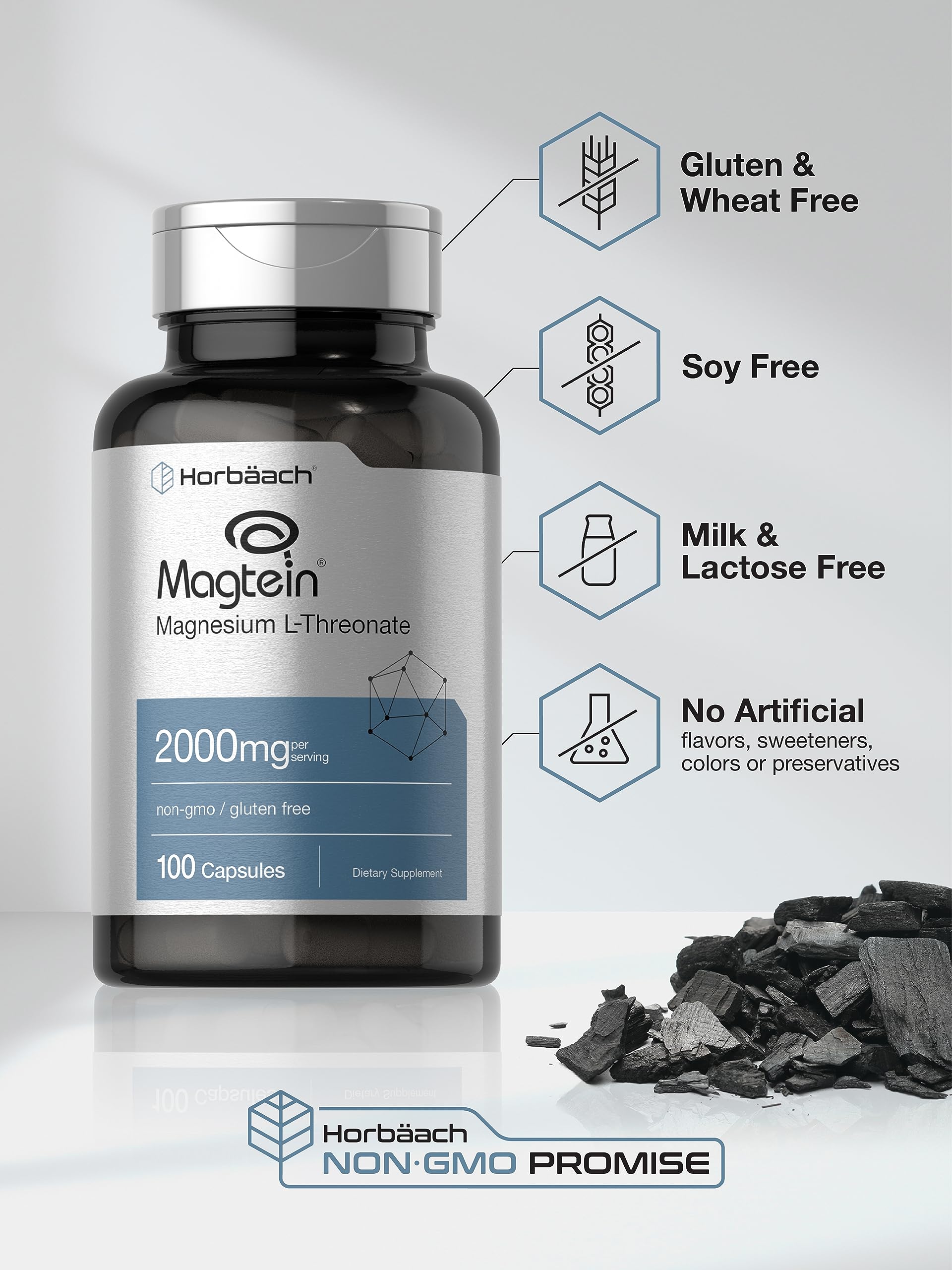 Horbäach Magtein Magnesium L-Threonate | 2000mg Supplement | 100 Capsules | for Men & Women | Non-GMO and Gluten Free - Image 4
