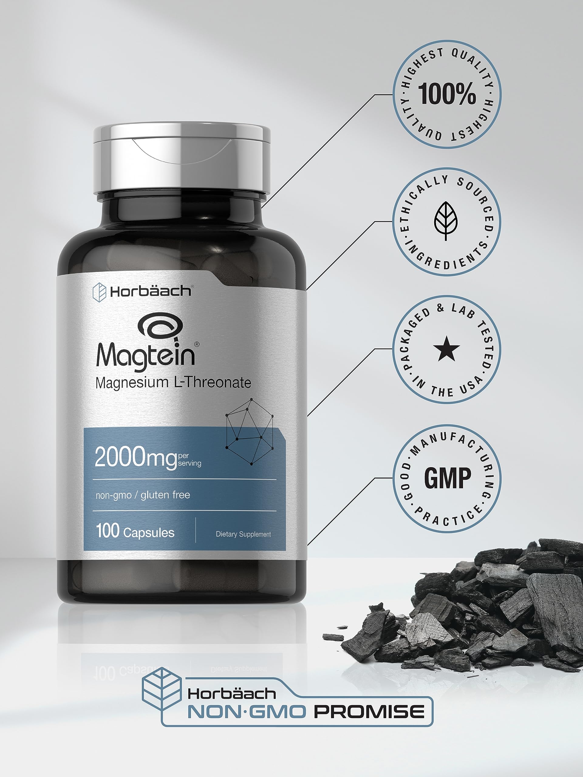 Horbäach Magtein Magnesium L-Threonate | 2000mg Supplement | 100 Capsules | for Men & Women | Non-GMO and Gluten Free - Image 5