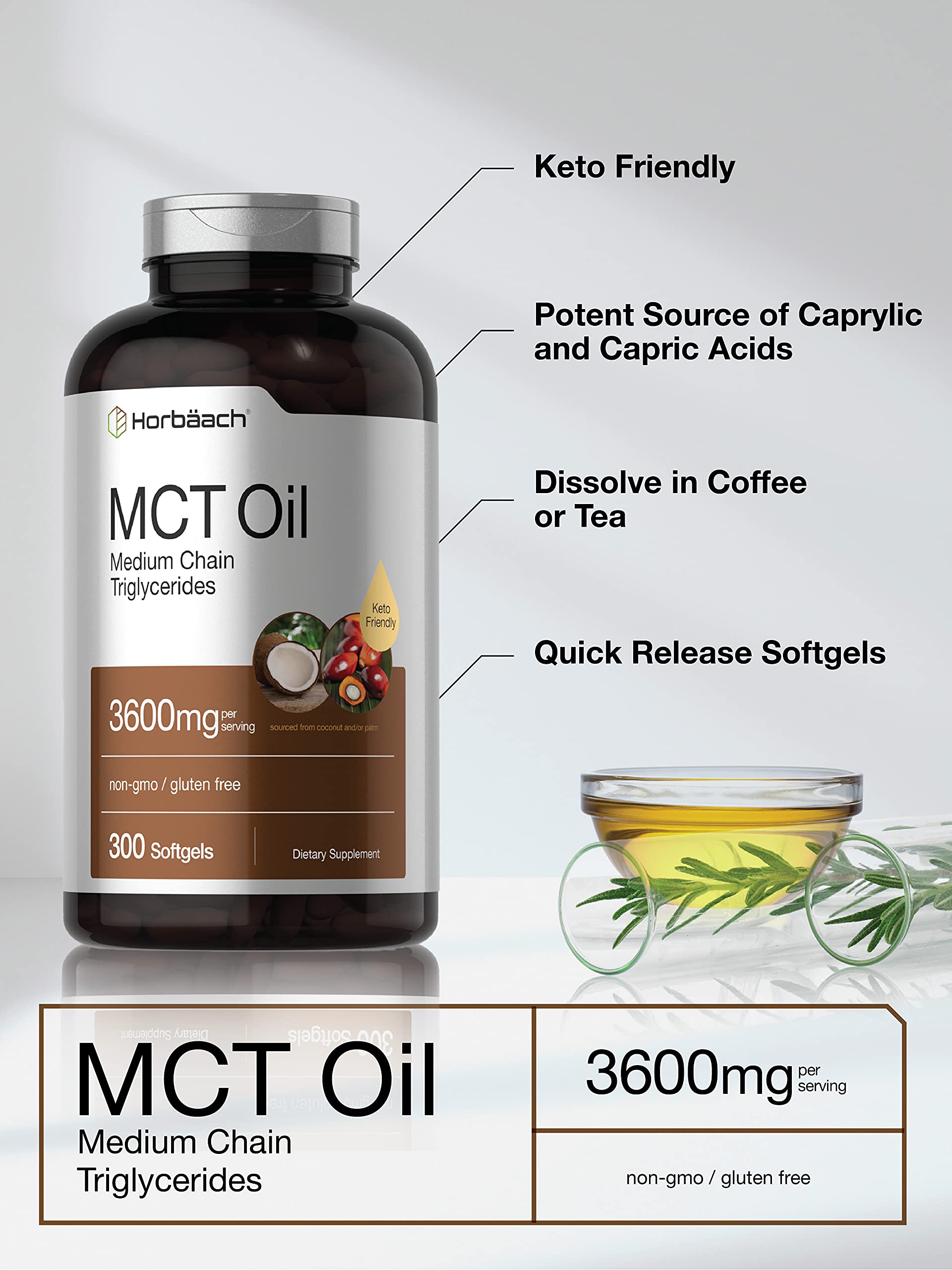 Horbäach MCT Oil Pills | 3600mg | 300 Softgel Capsules | Keto Supplement from Coconut | with Caprylic & Capric Acid | Non-GMO, and Gluten Free - Image 3
