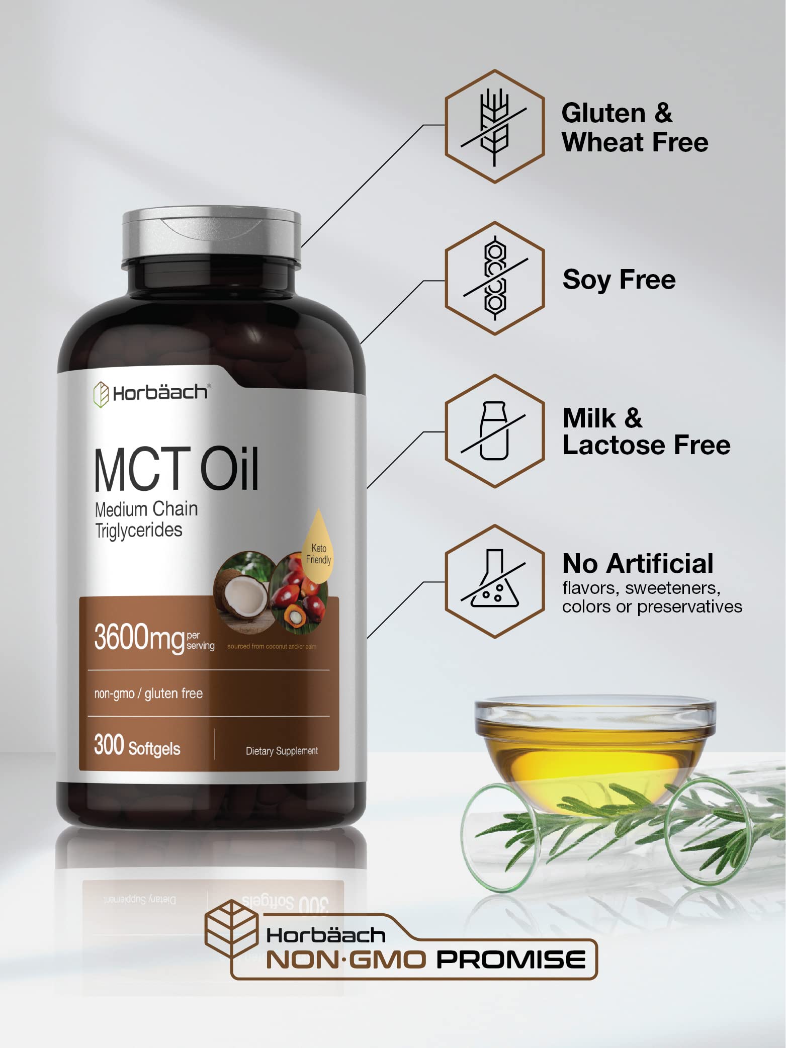 Horbäach MCT Oil Pills | 3600mg | 300 Softgel Capsules | Keto Supplement from Coconut | with Caprylic & Capric Acid | Non-GMO, and Gluten Free - Image 4