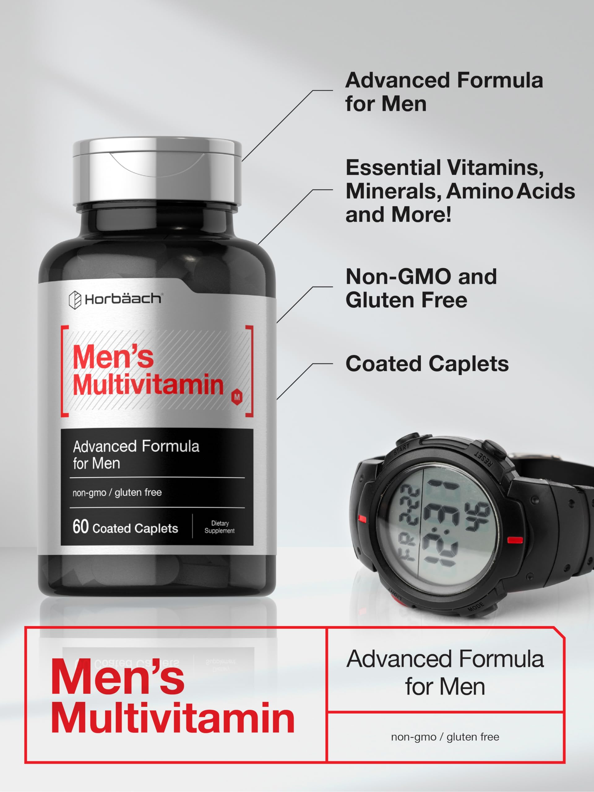 Horbäach Mens Multivitamin | 60 Caplets | Advanced Formula | with Vitamin C, D, Magnesium, Minerals & More | Non-GMO & Gluten Free Supplement - Image 4