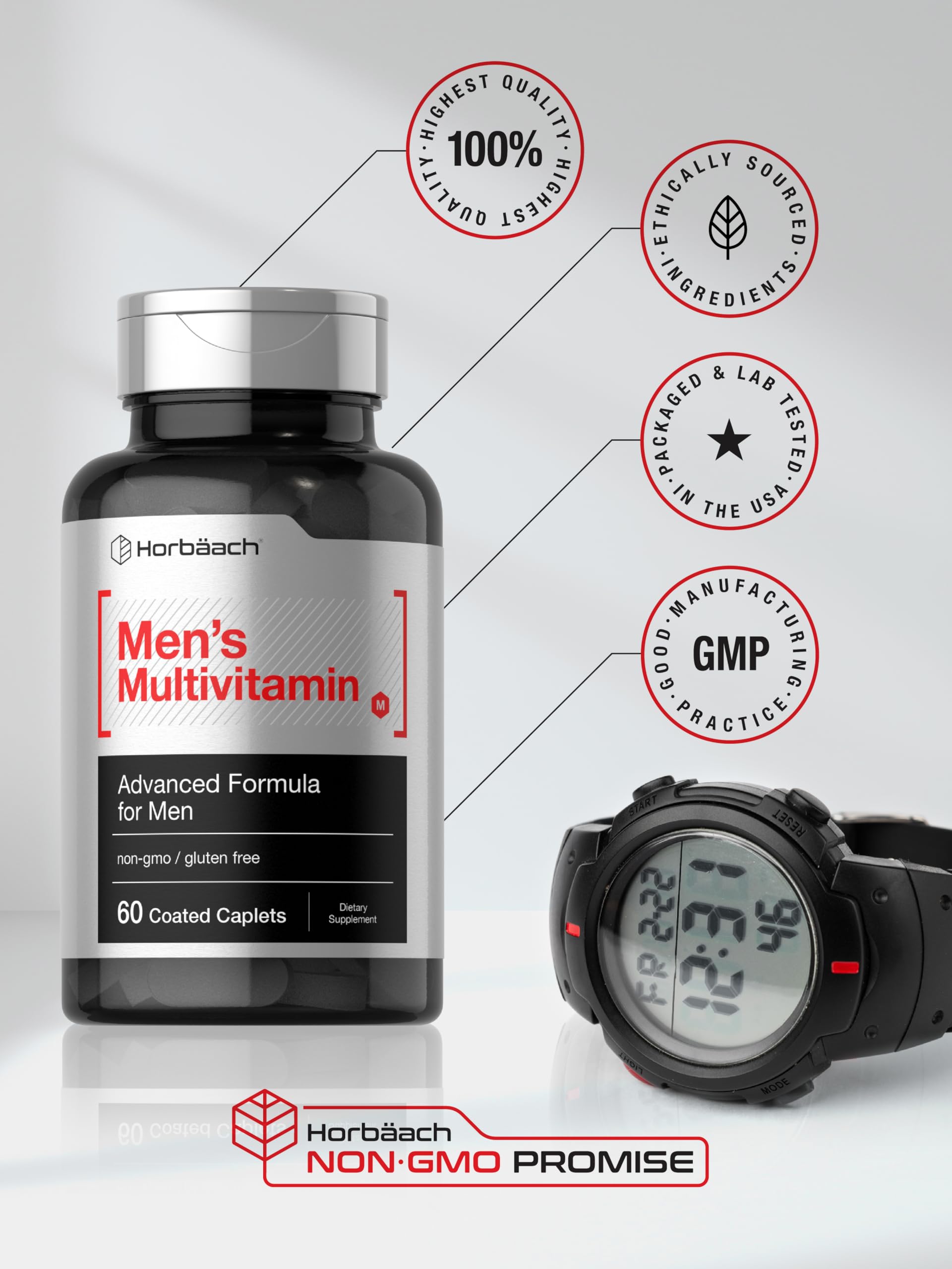 Horbäach Mens Multivitamin | 60 Caplets | Advanced Formula | with Vitamin C, D, Magnesium, Minerals & More | Non-GMO & Gluten Free Supplement - Image 6