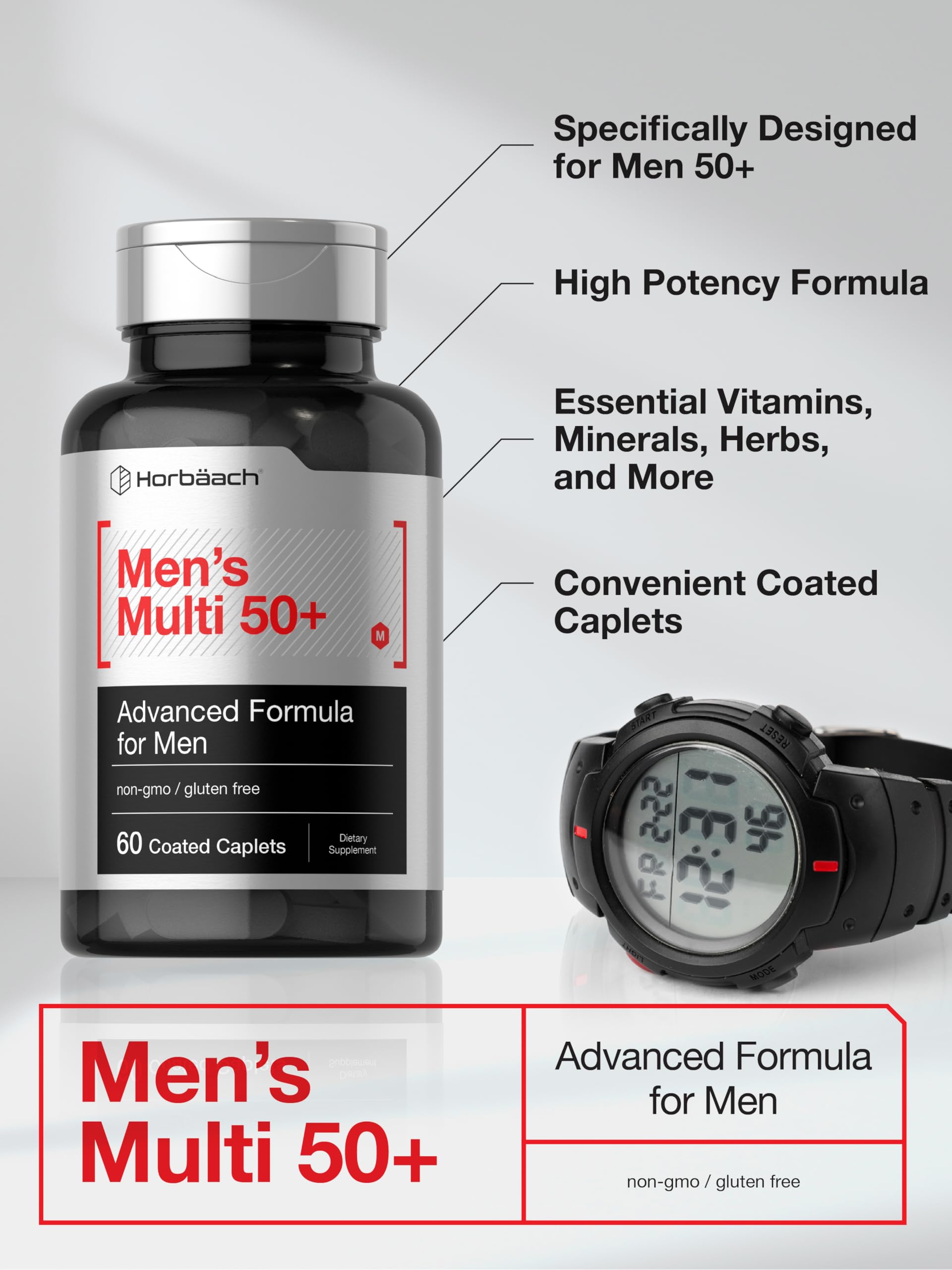 Horbäach Mens Multivitamins 50 Plus | 60 Caplets | with Calcium, Magnesium, Vitamin A, B, C, D & E | 50+ Advanced Formula | Non-GMO & Gluten Free Supplement - Image 5