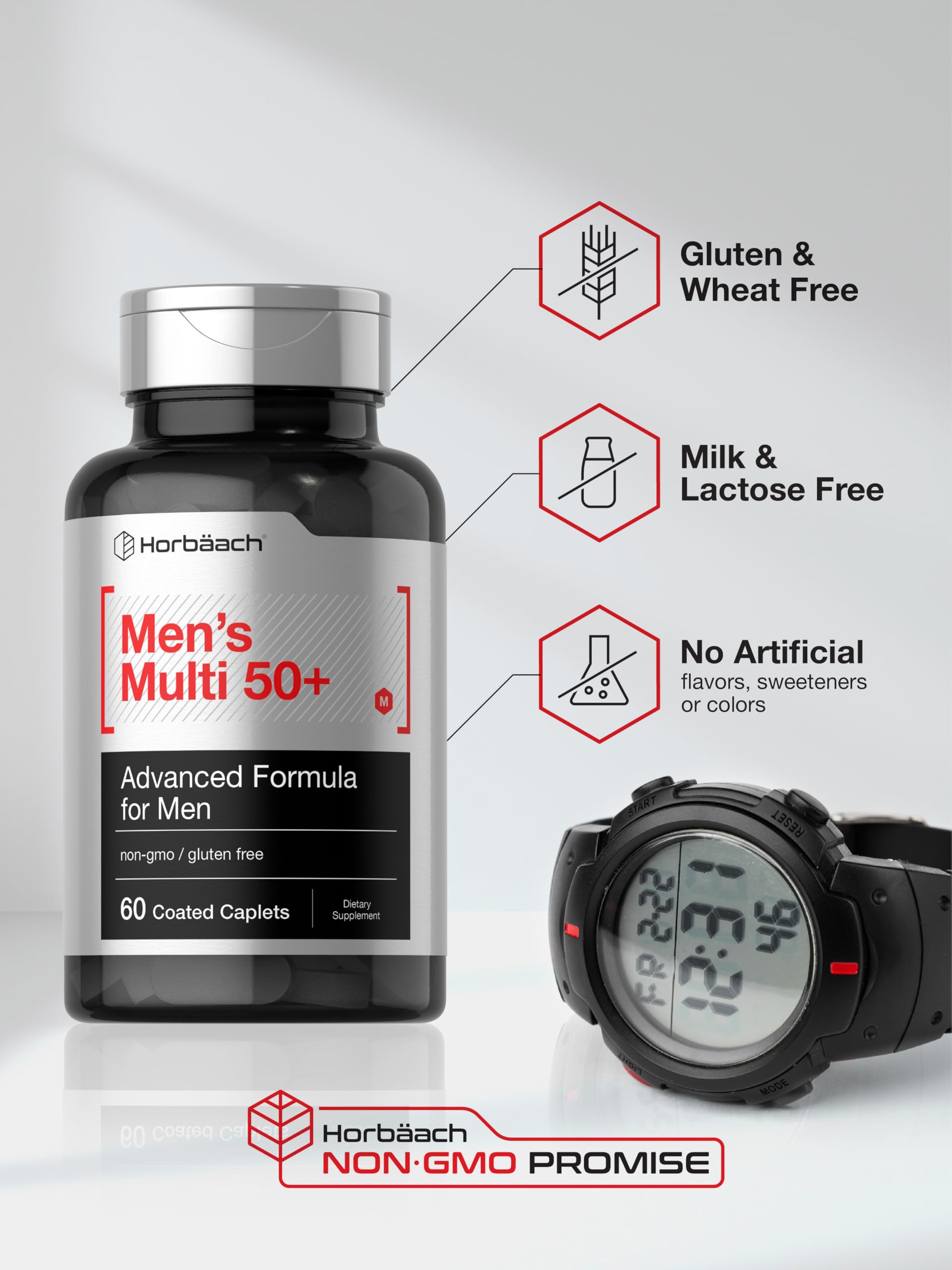 Horbäach Mens Multivitamins 50 Plus | 60 Caplets | with Calcium, Magnesium, Vitamin A, B, C, D & E | 50+ Advanced Formula | Non-GMO & Gluten Free Supplement - Image 6
