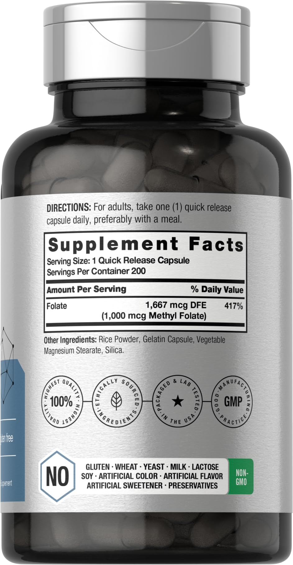 Horbäach Methyl Folate Supplement | 1000 mcg | 200 Capsules | 5-MTHF | Folic Acid | Non-GMO, Gluten Free Methylfolate - Image 2