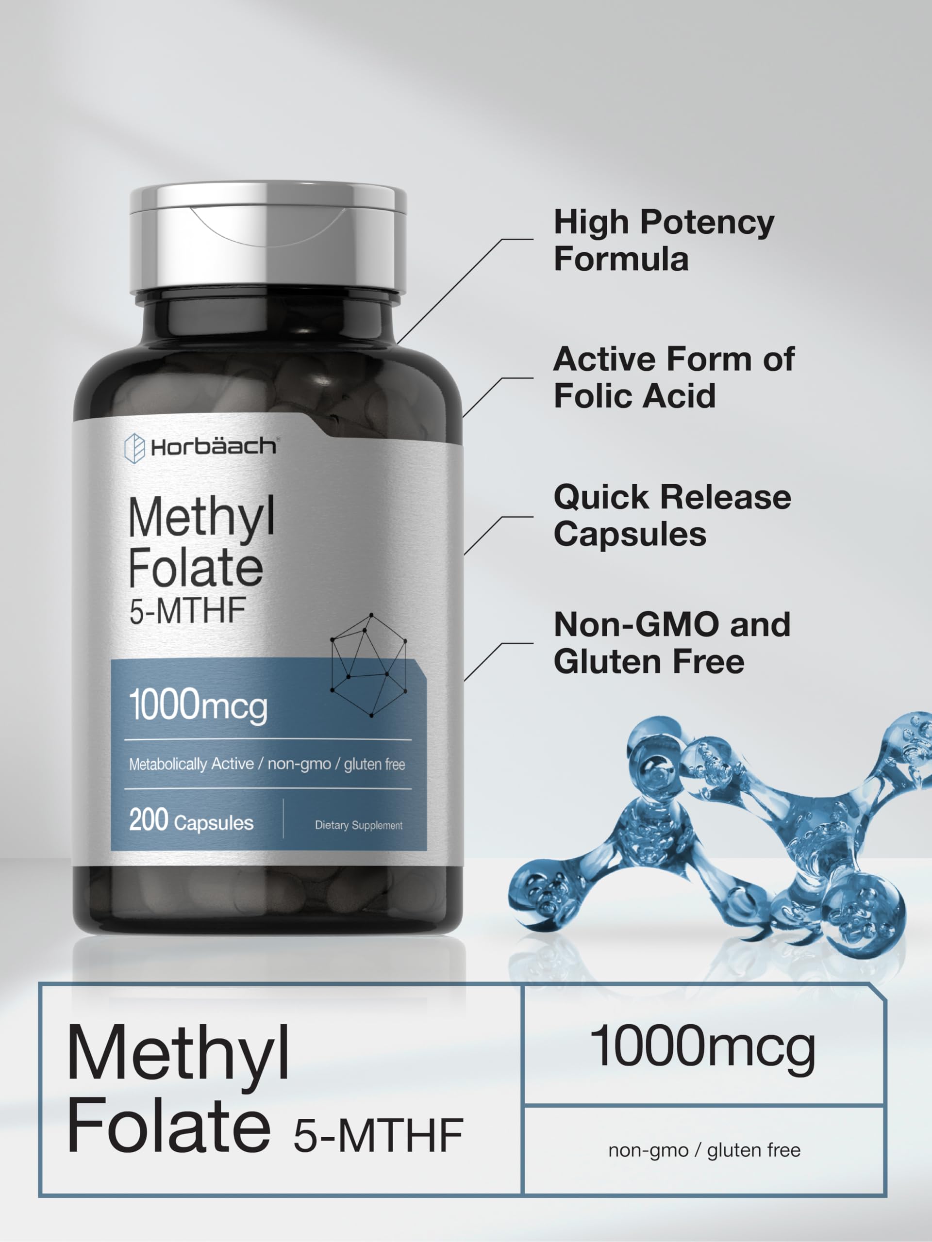Horbäach Methyl Folate Supplement | 1000 mcg | 200 Capsules | 5-MTHF | Folic Acid | Non-GMO, Gluten Free Methylfolate - Image 4