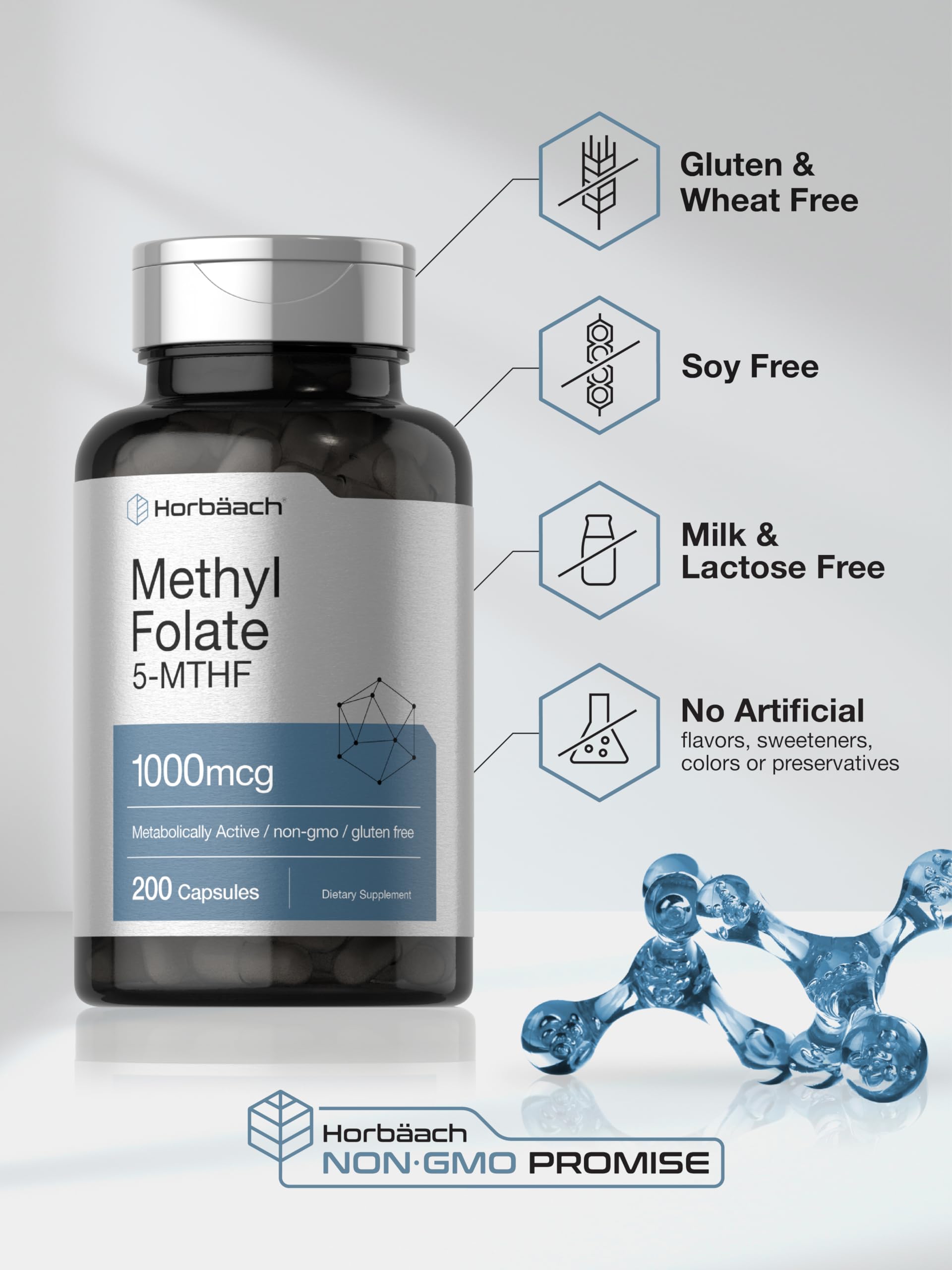 Horbäach Methyl Folate Supplement | 1000 mcg | 200 Capsules | 5-MTHF | Folic Acid | Non-GMO, Gluten Free Methylfolate - Image 5