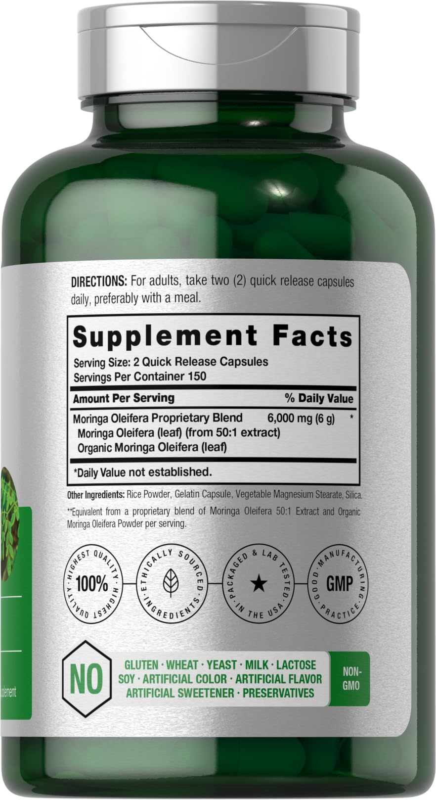 Horbäach Moringa Oleifera | 300 Powder Capsules | Non-GMO and Gluten Free Extract Formula | Complete Green Superfood - Image 2
