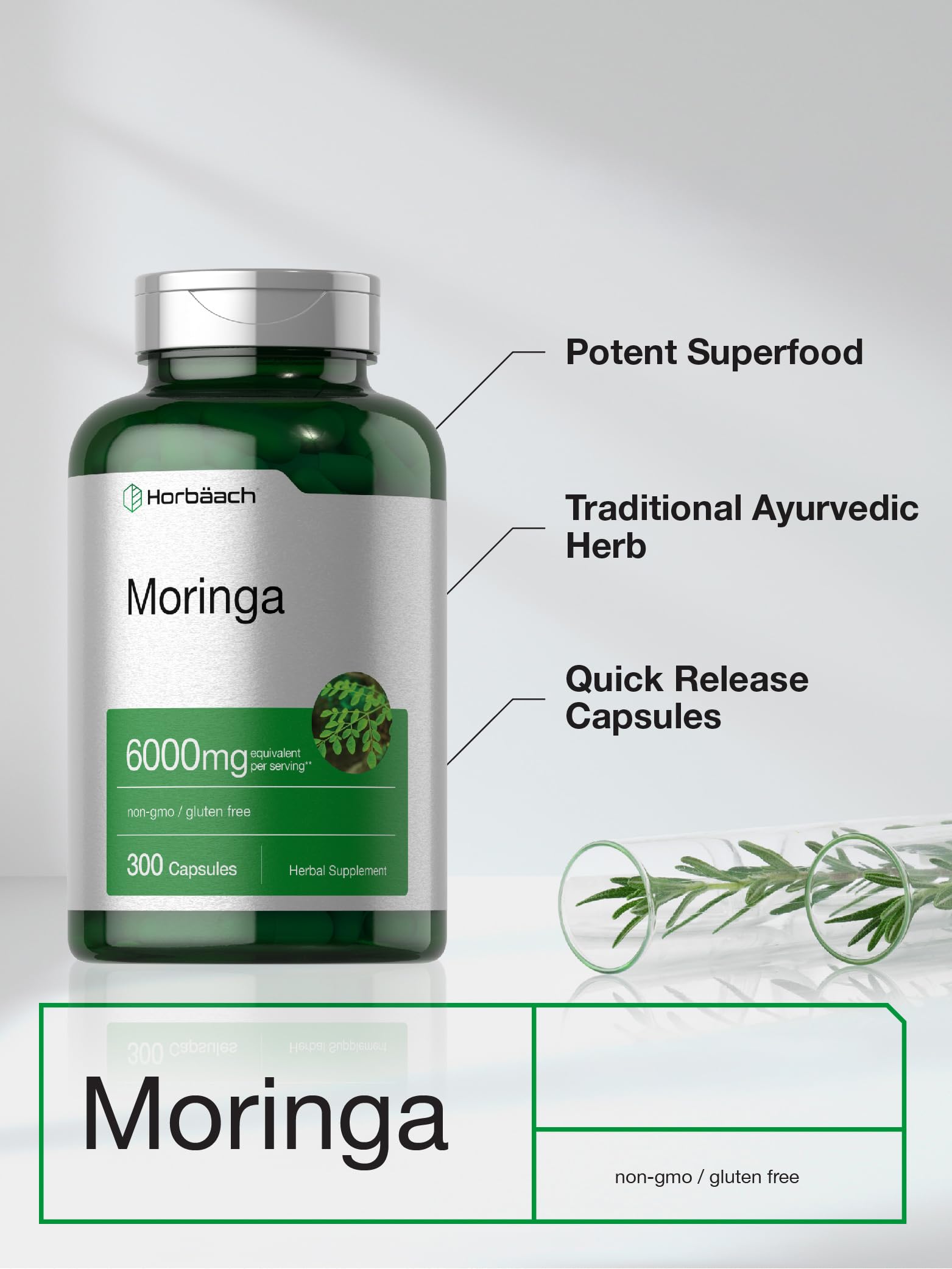 Horbäach Moringa Oleifera | 300 Powder Capsules | Non-GMO and Gluten Free Extract Formula | Complete Green Superfood - Image 3