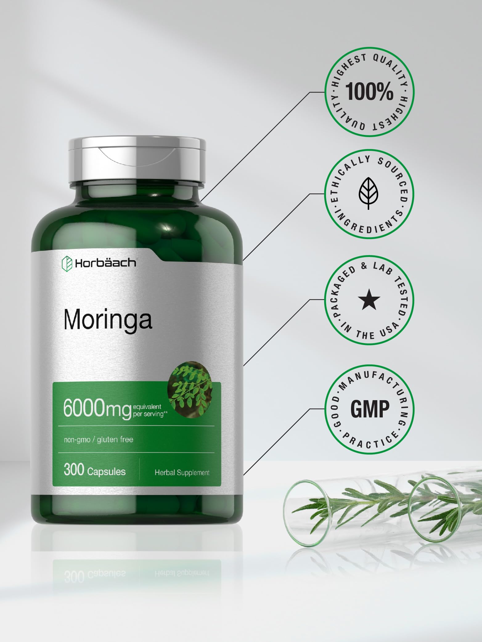 Horbäach Moringa Oleifera | 300 Powder Capsules | Non-GMO and Gluten Free Extract Formula | Complete Green Superfood - Image 5
