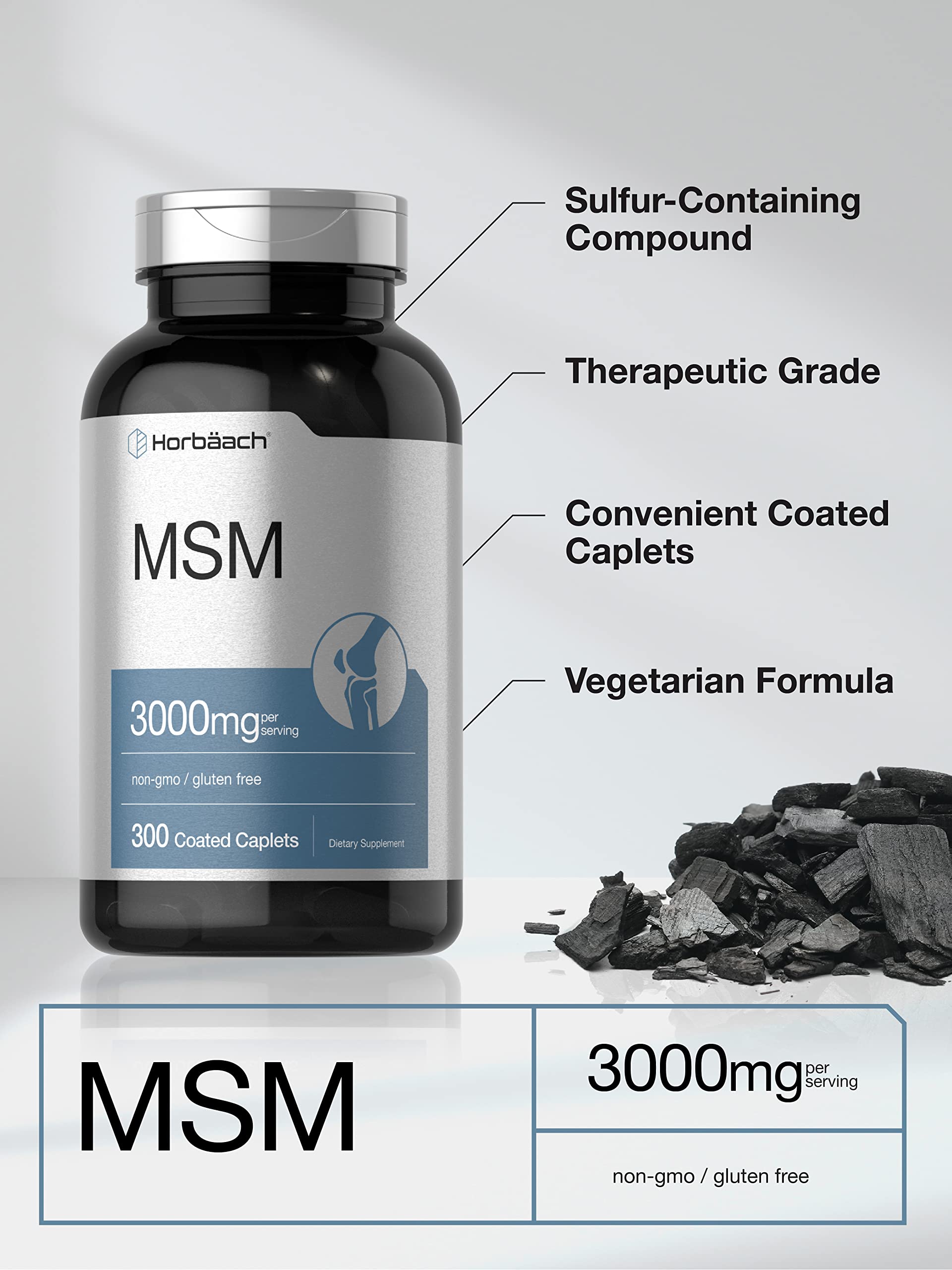 Horbäach MSM Supplement | 3000mg | 300 Coated Caplets | Methylsulfonylmethane with Calcium | Vegetarian, Non-GMO, Gluten Free - Image 3