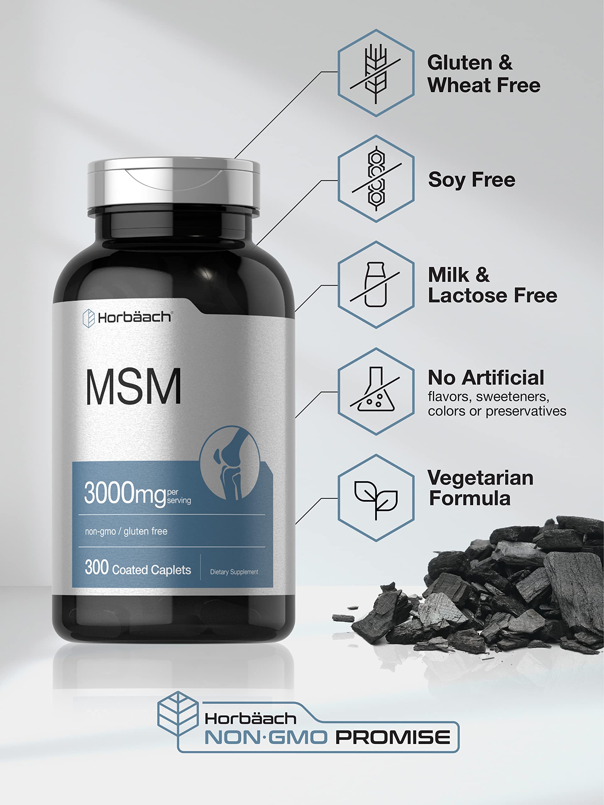 Horbäach MSM Supplement | 3000mg | 300 Coated Caplets | Methylsulfonylmethane with Calcium | Vegetarian, Non-GMO, Gluten Free - Image 4