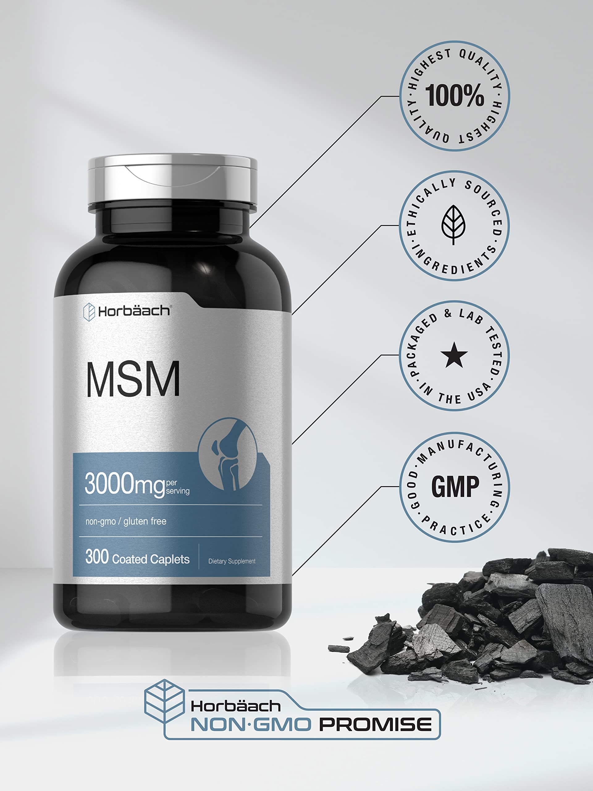 Horbäach MSM Supplement | 3000mg | 300 Coated Caplets | Methylsulfonylmethane with Calcium | Vegetarian, Non-GMO, Gluten Free - Image 5