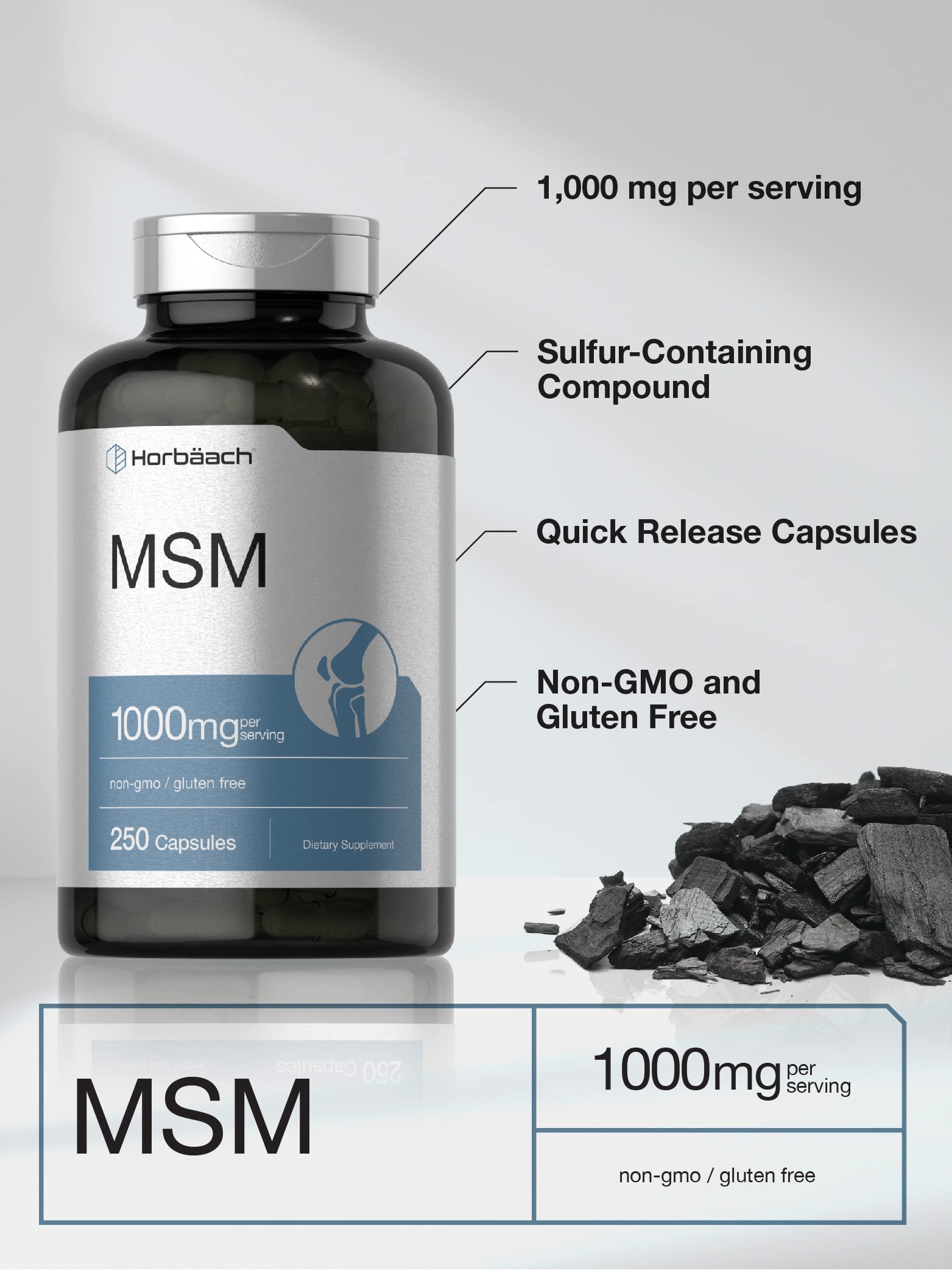 Horbäach MSM Supplement Capsules | 1000mg | 250 Count | Non-GMO and Gluten Free Formula | Methylsulfonylmethane - Image 3