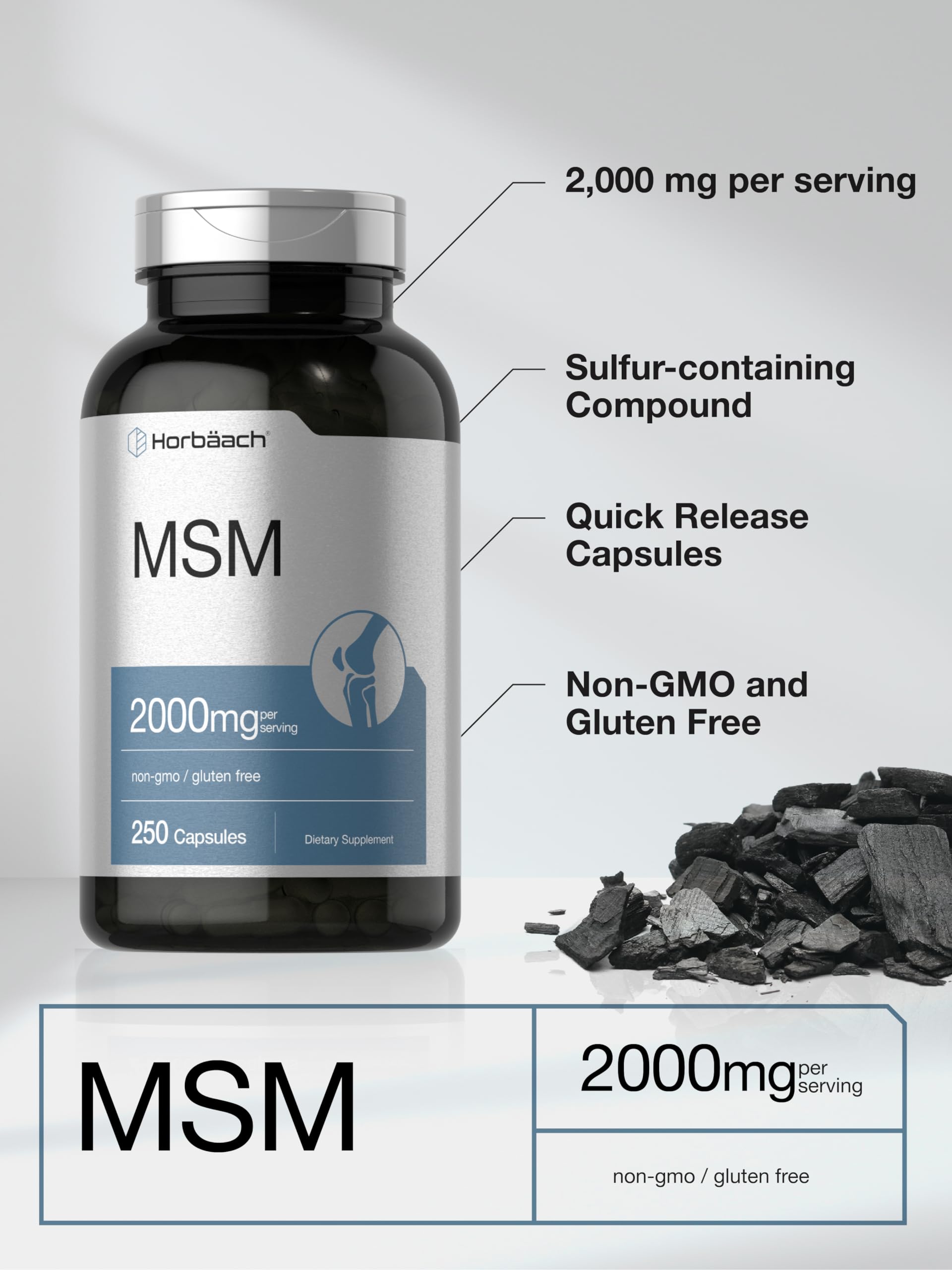 Horbäach MSM Supplement Capsules | 2000mg | 250 Count | Non-GMO and Gluten Free Formula | Methylsulfonylmethane - Image 3