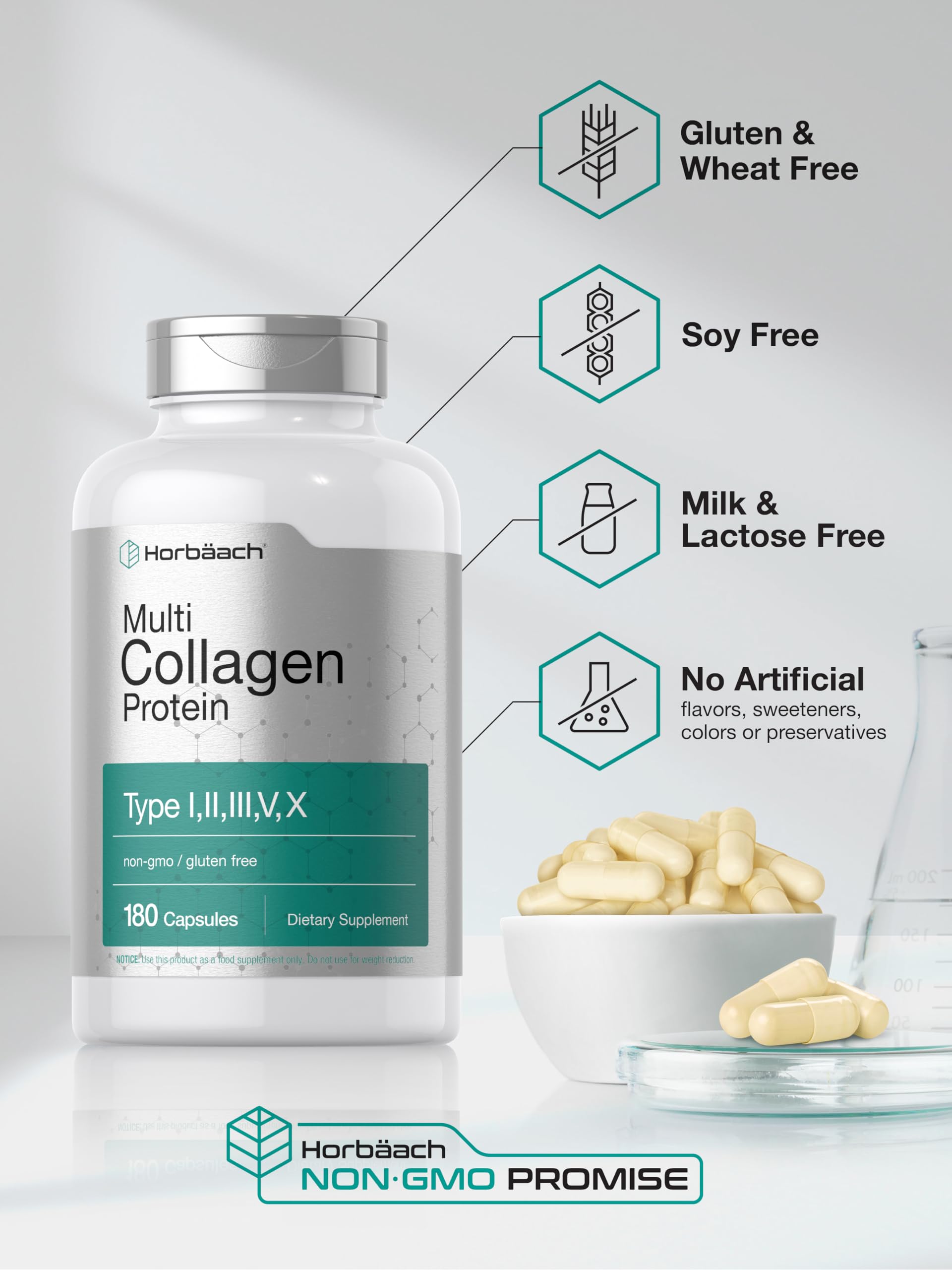 Horbäach Multi Collagen Protein 2000 mg | 180 Capsules | Hydrolyzed Collagen Type I, II, III, V, X | Keto & Paleo Friendly, Non-GMO, Gluten Free Supplement - Image 5