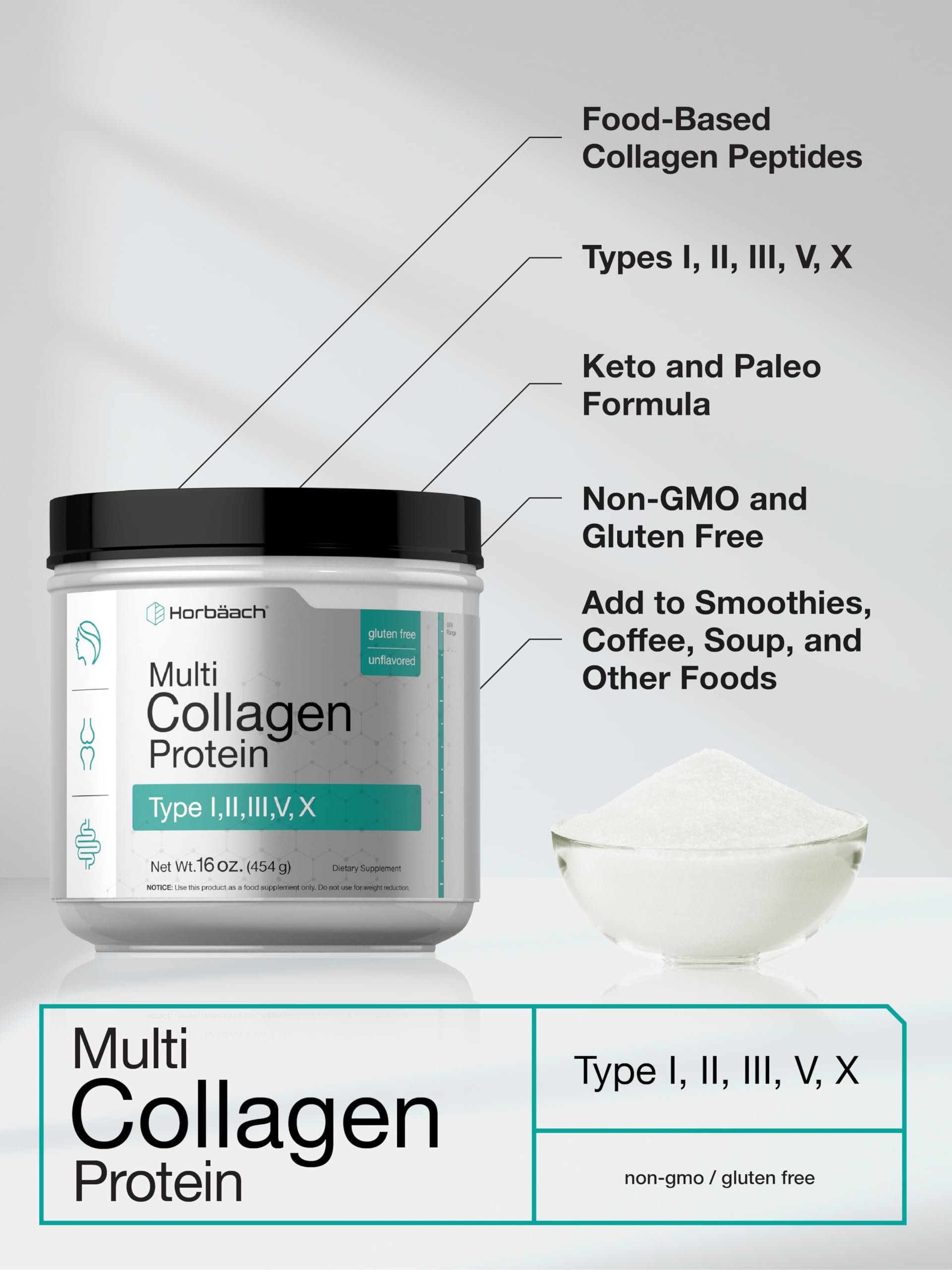Horbäach Multi Collagen Protein Powder 16 oz | Type I, II, III, V, X | Unflavored | for Men and Women | Non-GMO, Gluten Free Supplement - Image 4