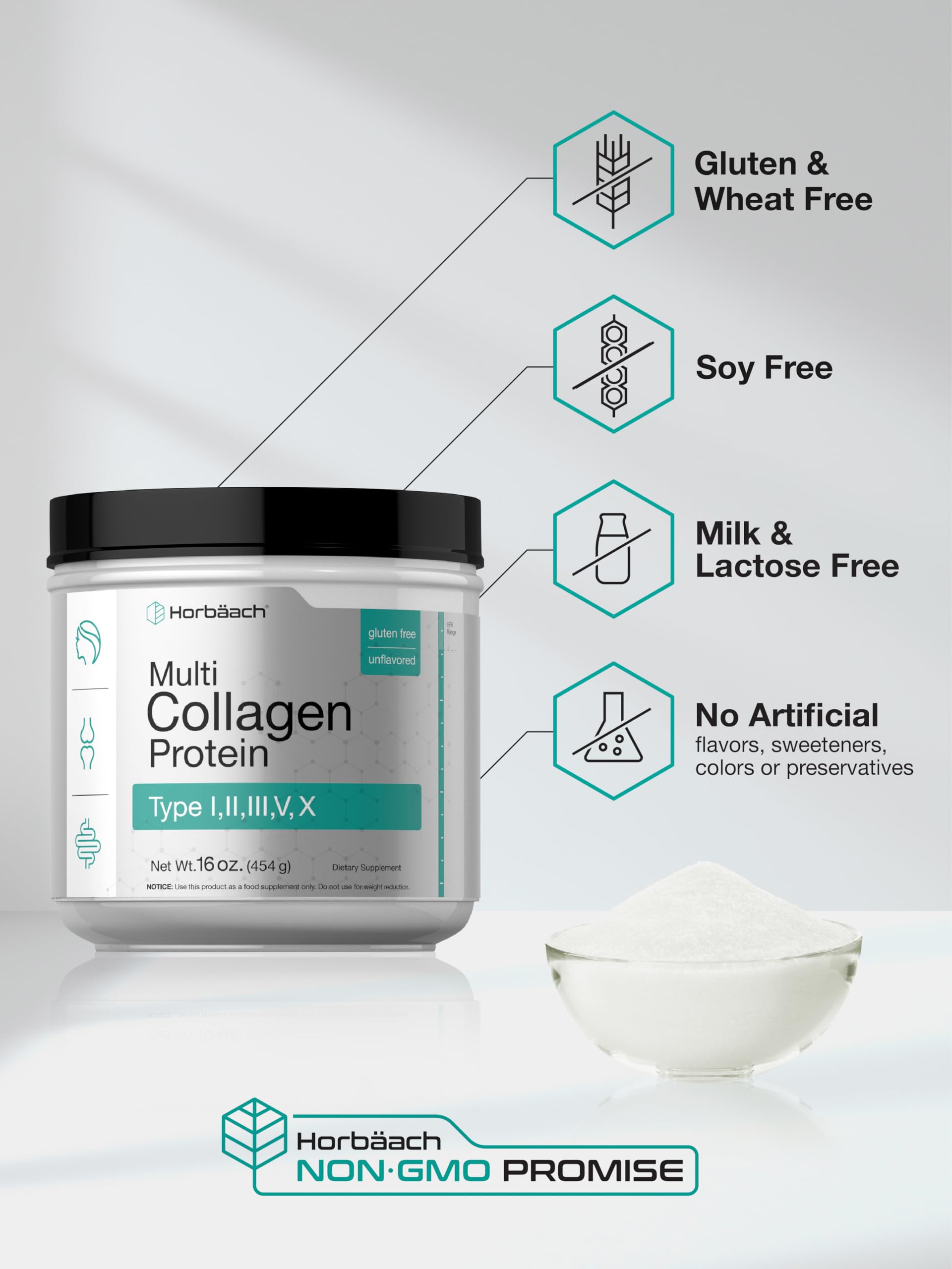 Horbäach Multi Collagen Protein Powder 16 oz | Type I, II, III, V, X | Unflavored | for Men and Women | Non-GMO, Gluten Free Supplement - Image 5