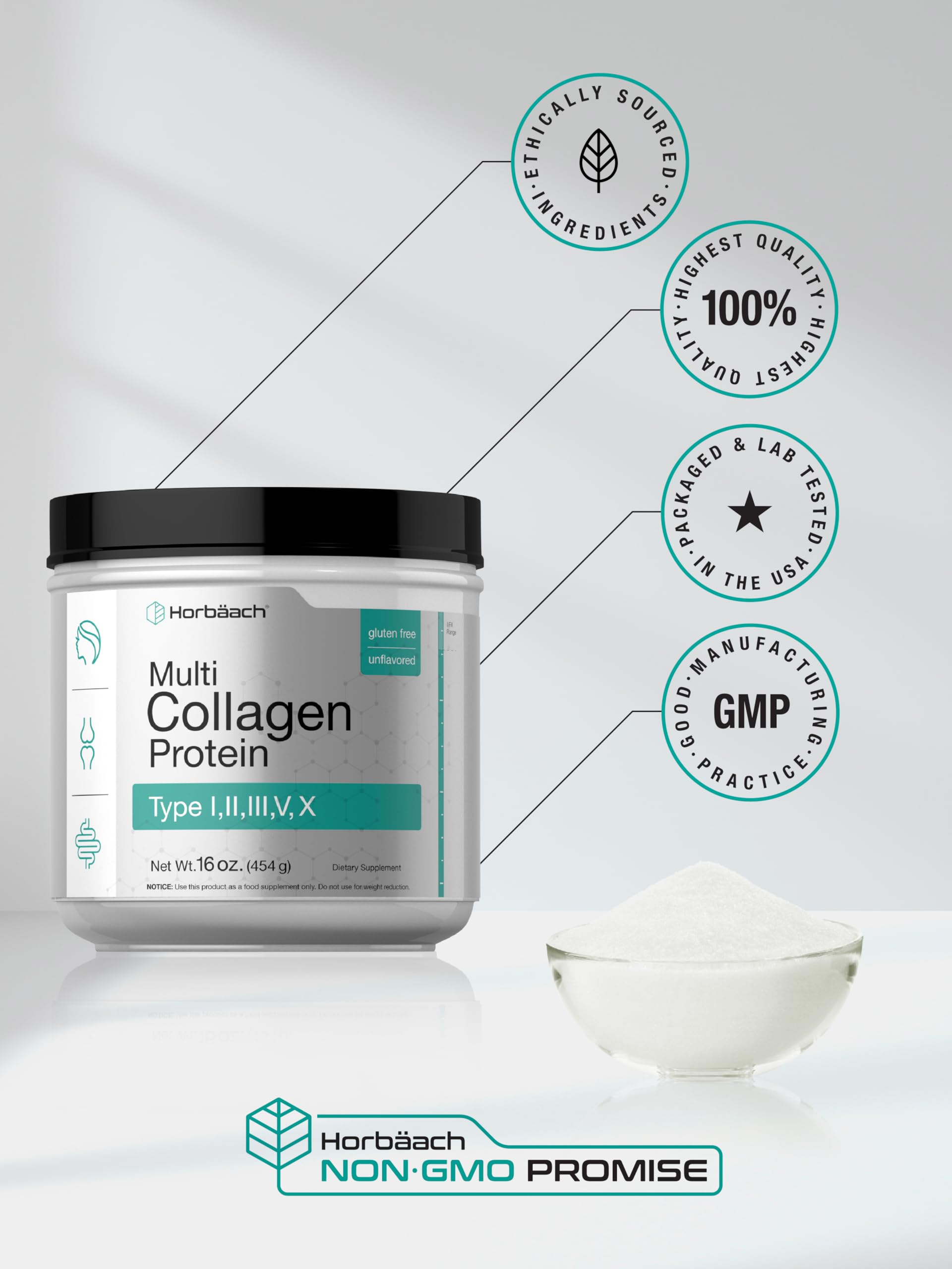 Horbäach Multi Collagen Protein Powder 16 oz | Type I, II, III, V, X | Unflavored | for Men and Women | Non-GMO, Gluten Free Supplement - Image 6