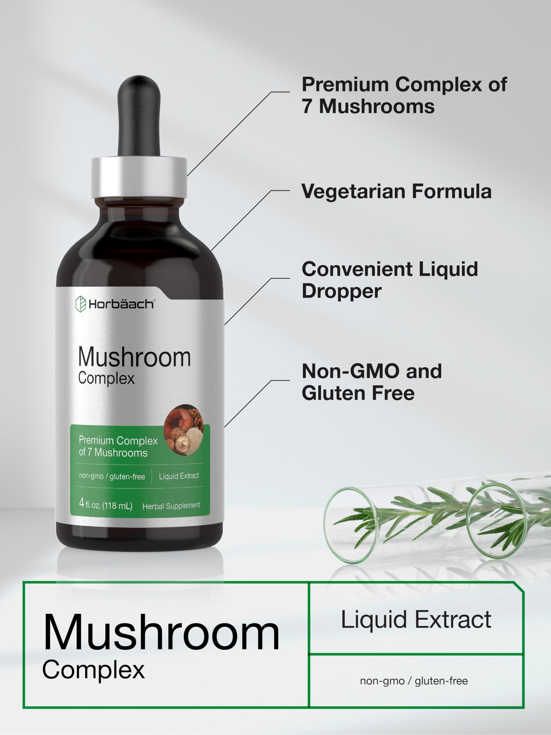 Horbäach Mushroom Complex | 4 Fl Oz Herbal Liquid Drops | Lion's Mane, Reishi, Shiitake, Chaga, Cordyceps, Maitake, and Oyster Mushroom Supplement Blend | Vegetarian | Non-GMO, Gluten Free Formula - Image 4