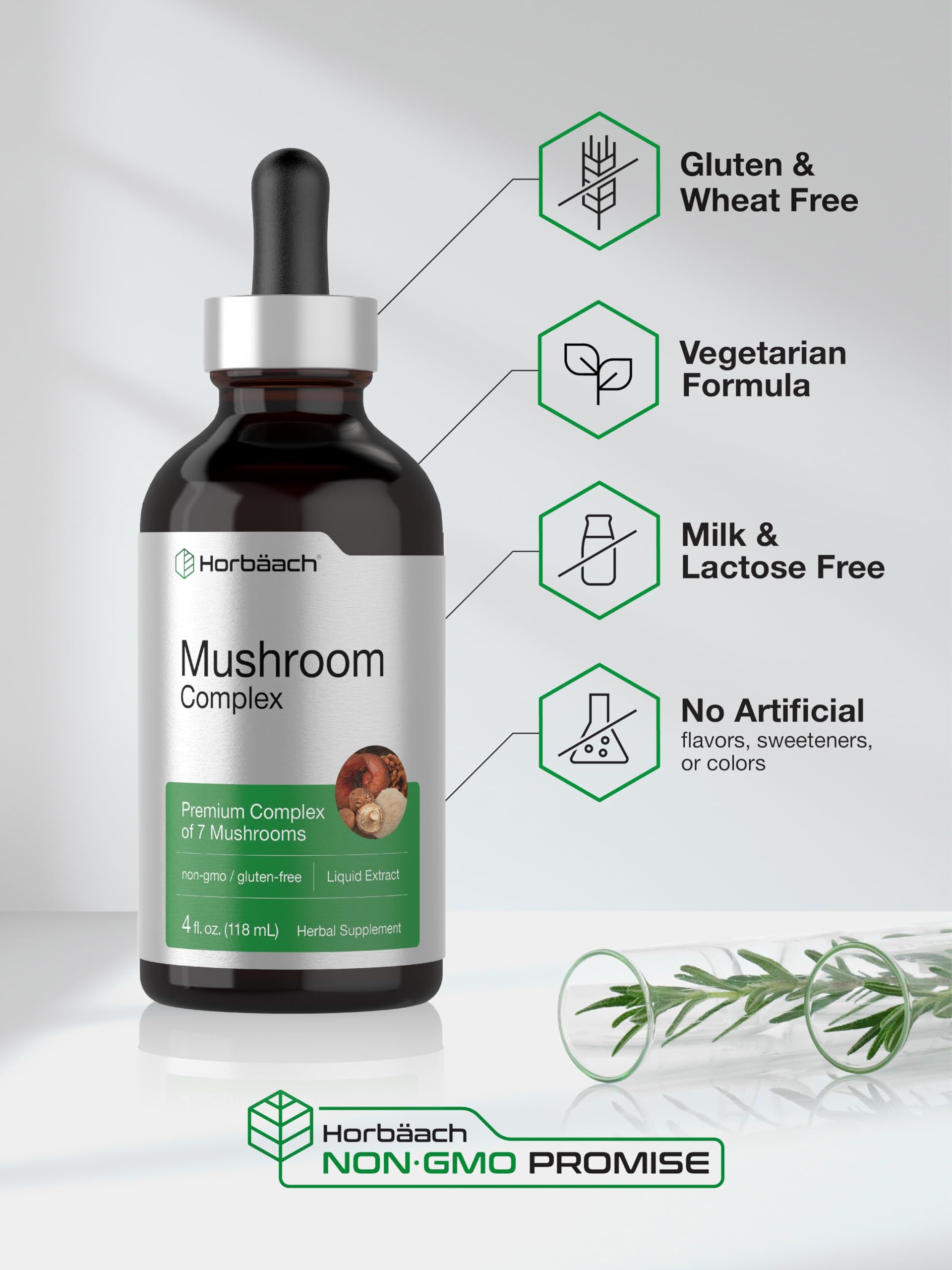 Horbäach Mushroom Complex | 4 Fl Oz Herbal Liquid Drops | Lion's Mane, Reishi, Shiitake, Chaga, Cordyceps, Maitake, and Oyster Mushroom Supplement Blend | Vegetarian | Non-GMO, Gluten Free Formula - Image 5