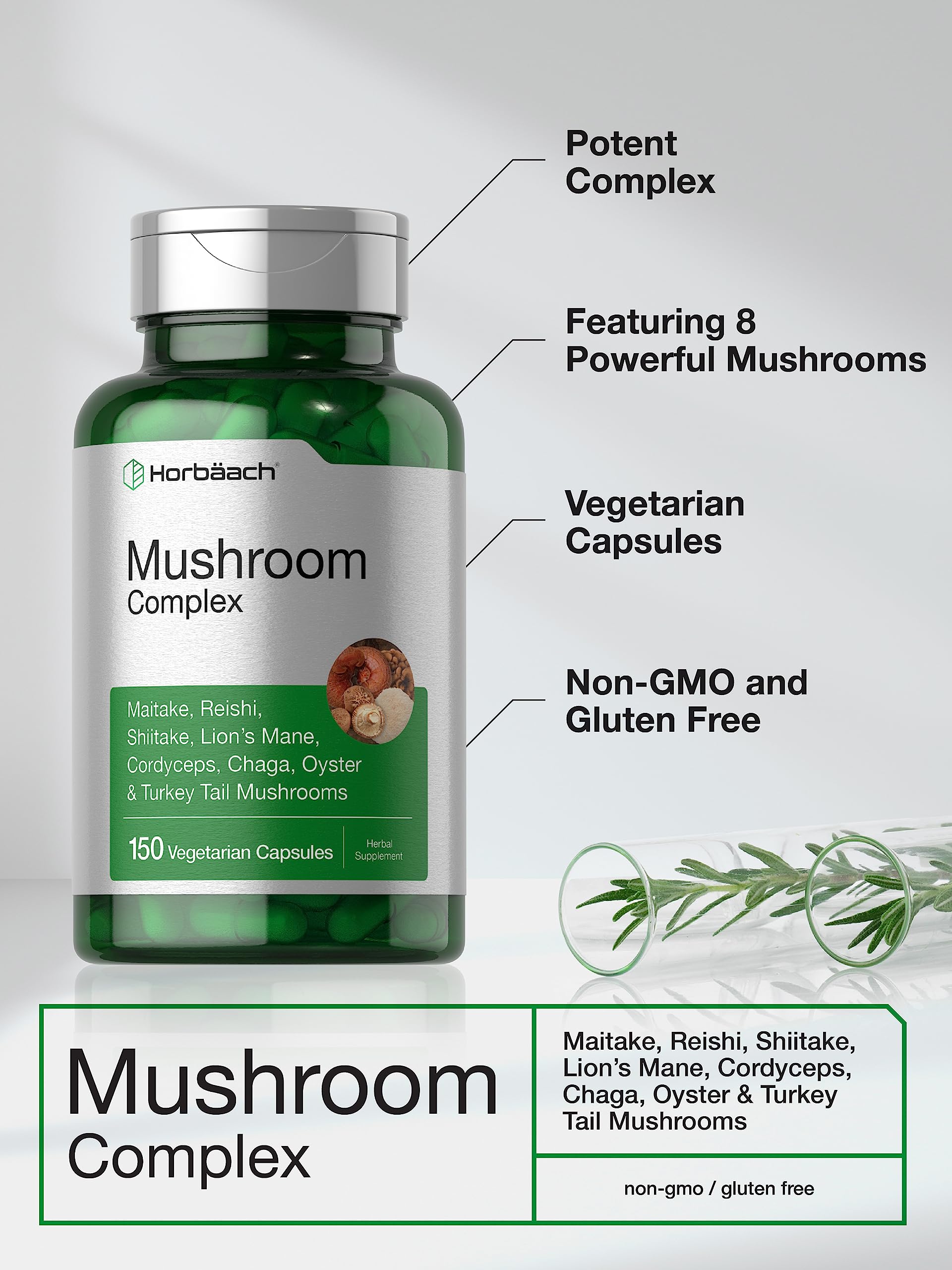 Horbäach Mushroom Complex Capsules | 150 Count | Non-GMO & Gluten Free Supplement | Reishi, Chaga, Lions Mane, Cordyceps, Maitake, Shiitake, Oyster and Turkey - Image 3