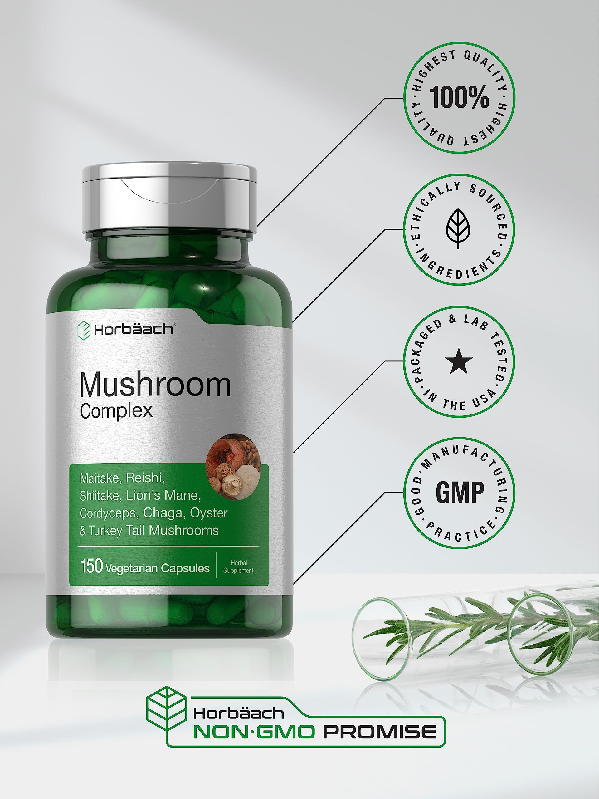 Horbäach Mushroom Complex Capsules | 150 Count | Non-GMO & Gluten Free Supplement | Reishi, Chaga, Lions Mane, Cordyceps, Maitake, Shiitake, Oyster and Turkey - Image 5