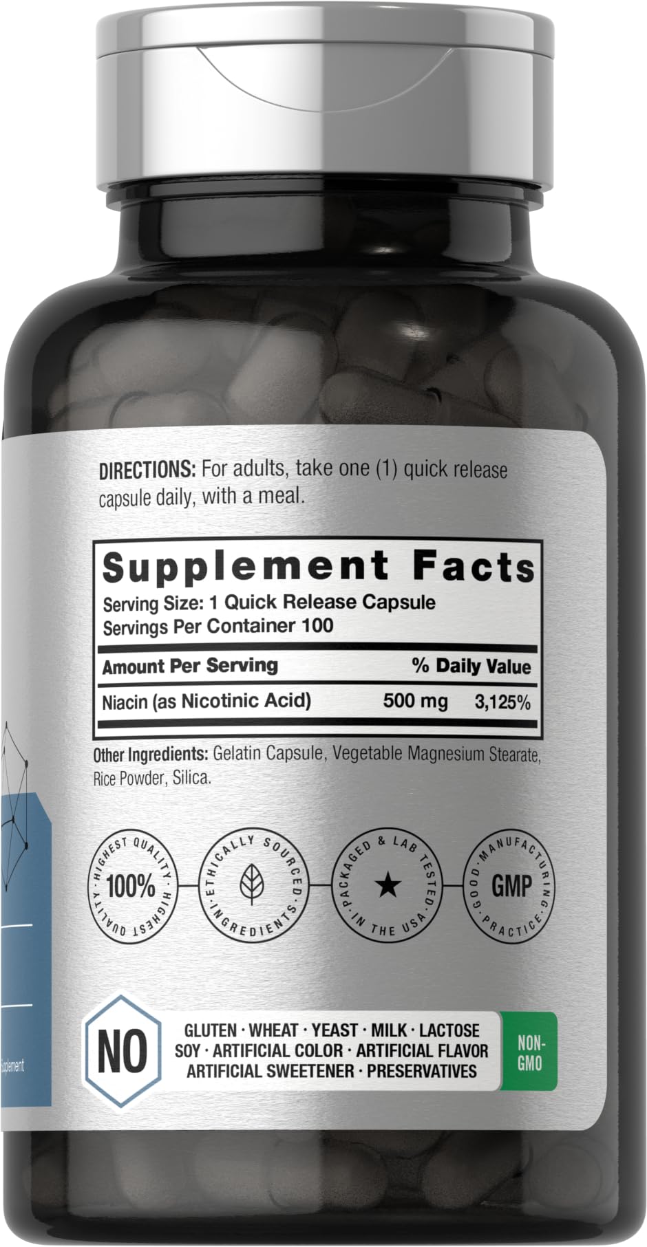 Horbäach Niacin | Vitamin B3 500mg | 100 Capsules | with Flushing | Non-GMO, and Gluten Free Supplement - Image 2