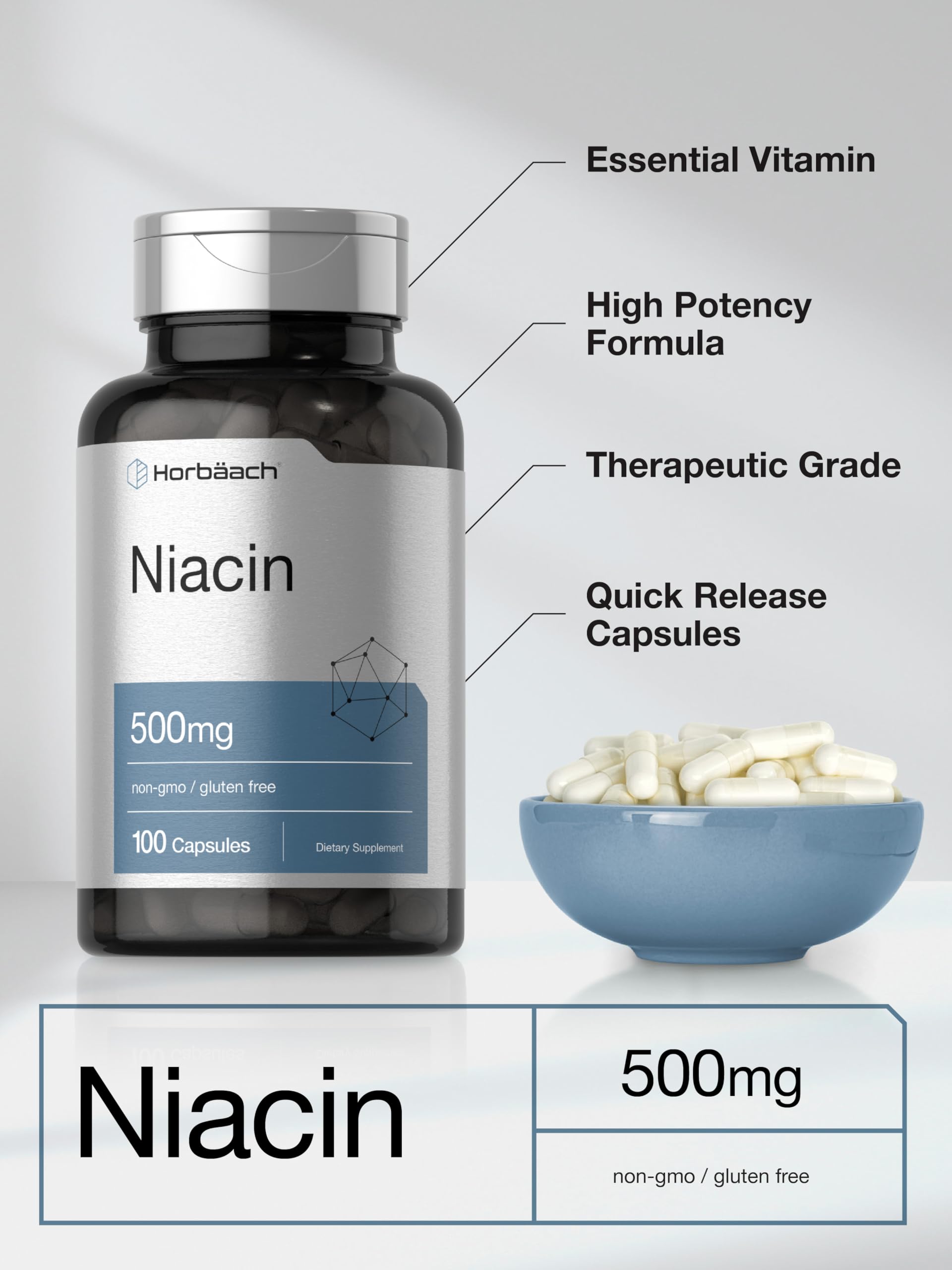 Horbäach Niacin | Vitamin B3 500mg | 100 Capsules | with Flushing | Non-GMO, and Gluten Free Supplement - Image 4