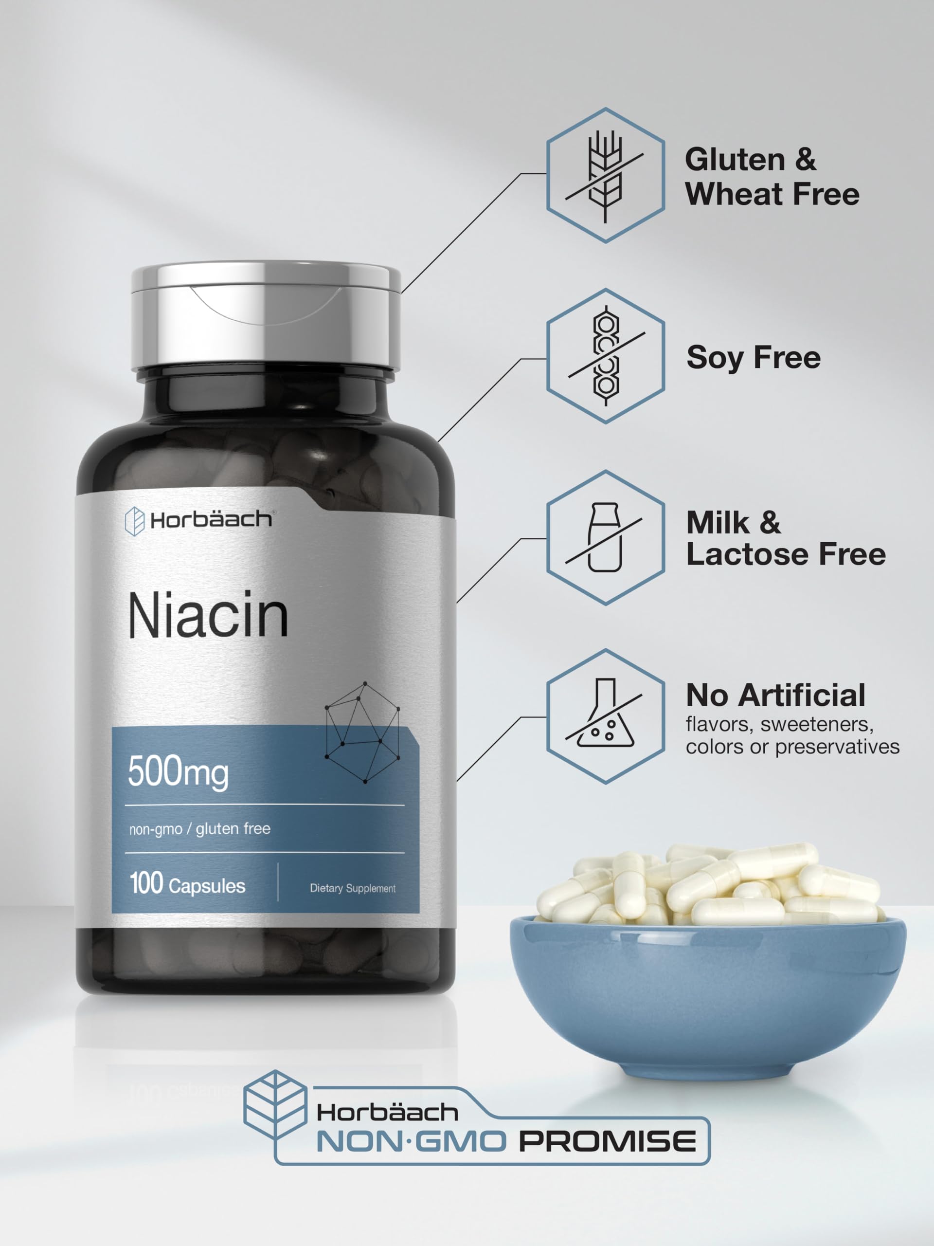Horbäach Niacin | Vitamin B3 500mg | 100 Capsules | with Flushing | Non-GMO, and Gluten Free Supplement - Image 5