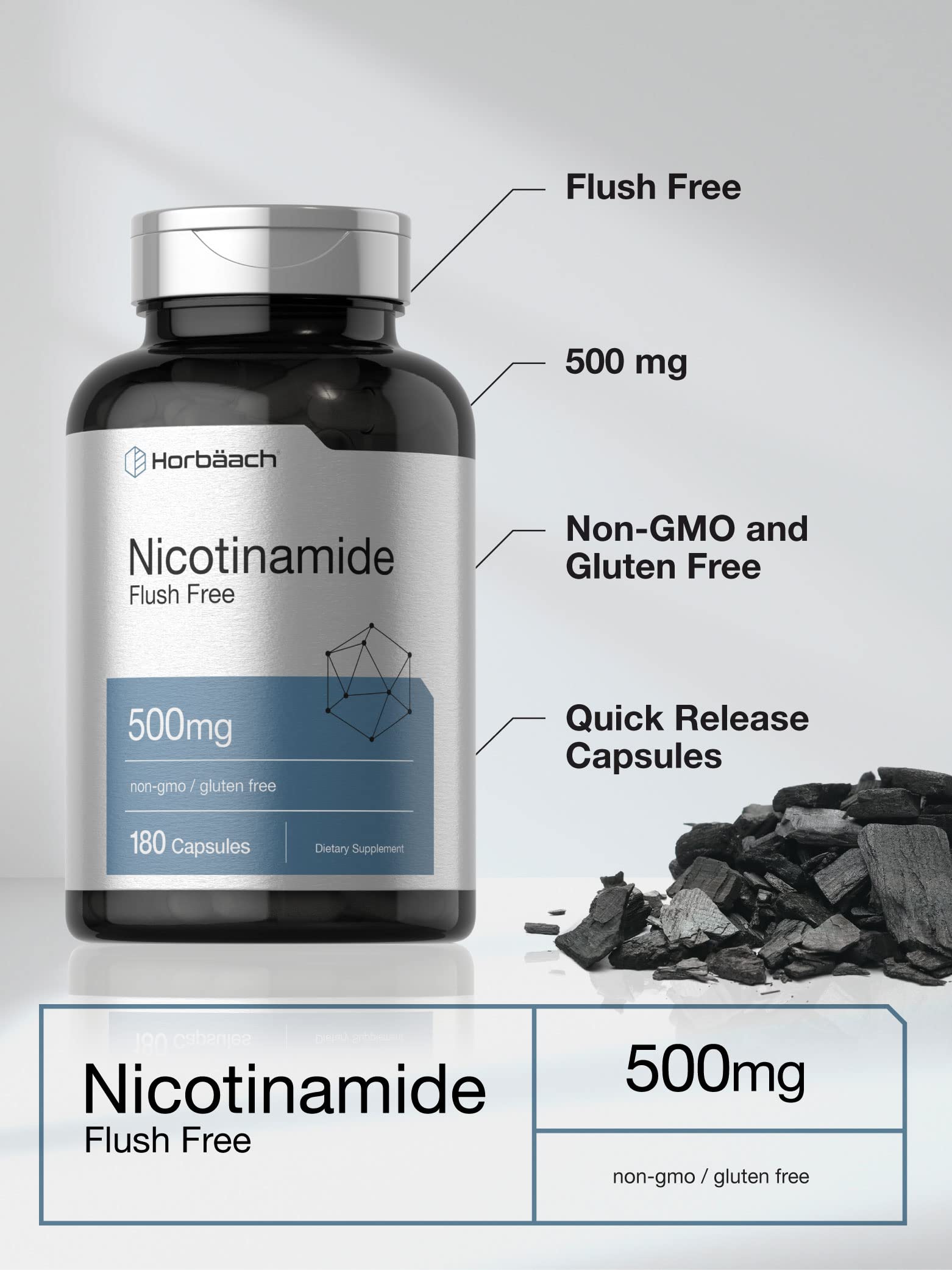 Horbäach Nicotinamide 500mg | 180 Capsules | Flush Free Dietary Supplement | Non-GMO and Gluten Free Vitamin - Image 3