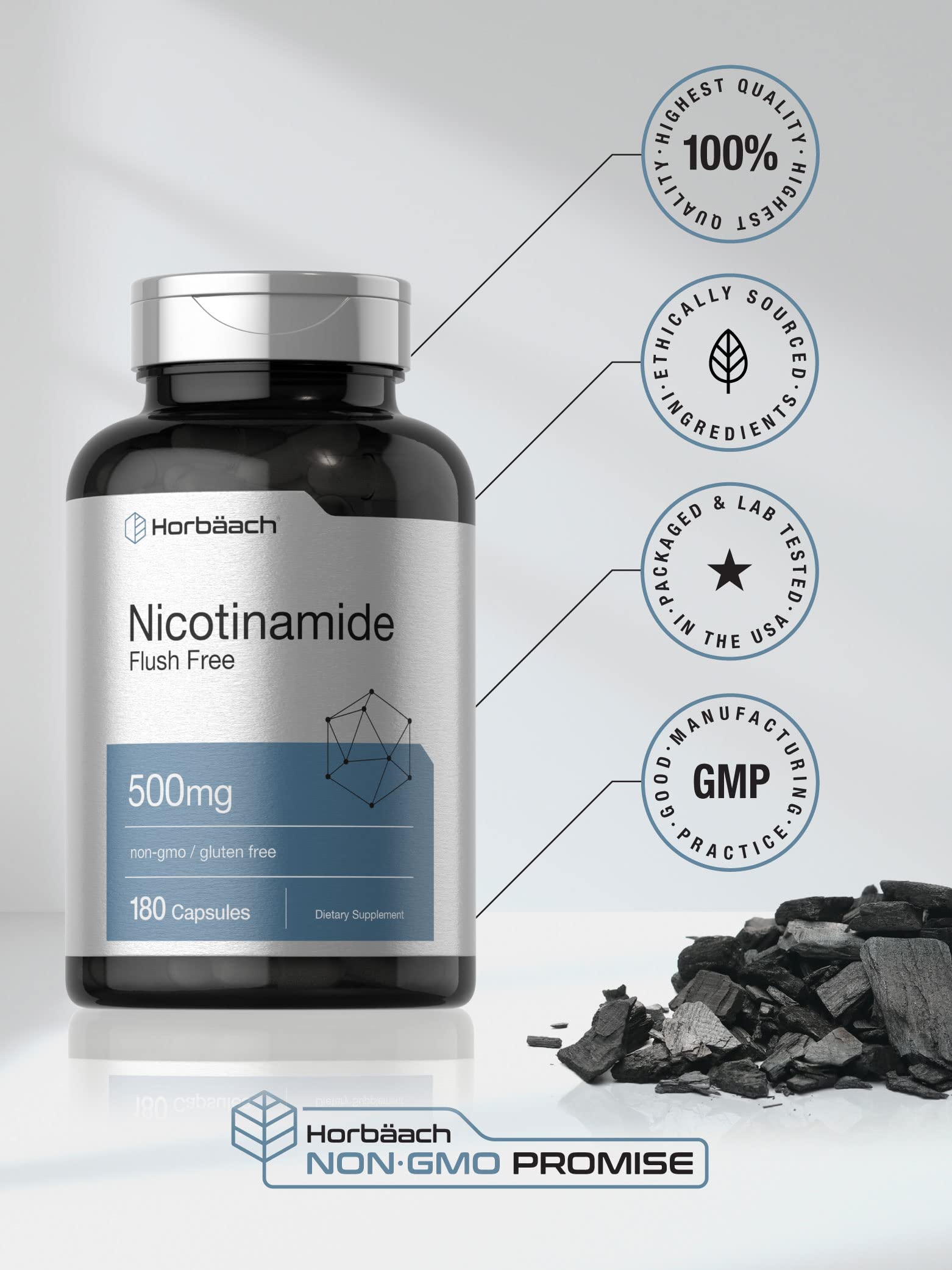 Horbäach Nicotinamide 500mg | 180 Capsules | Flush Free Dietary Supplement | Non-GMO and Gluten Free Vitamin - Image 5
