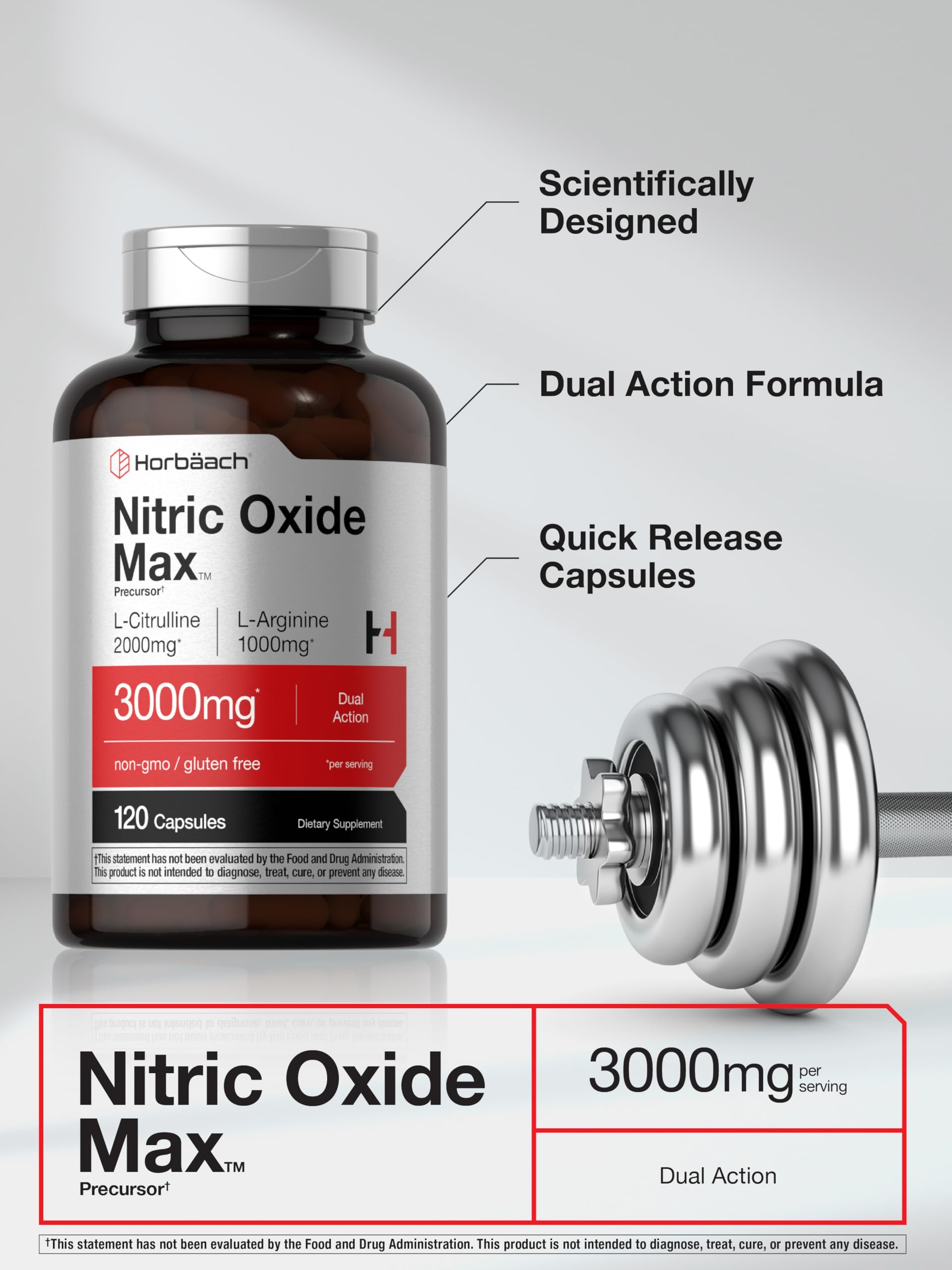 Horbäach Nitric Oxide Supplement | 3000mg | 120 Capsules | Pre Workout with L Arginine and L Citrulline for Men and Women | Non-GMO, Gluten Free Formula - Image 4