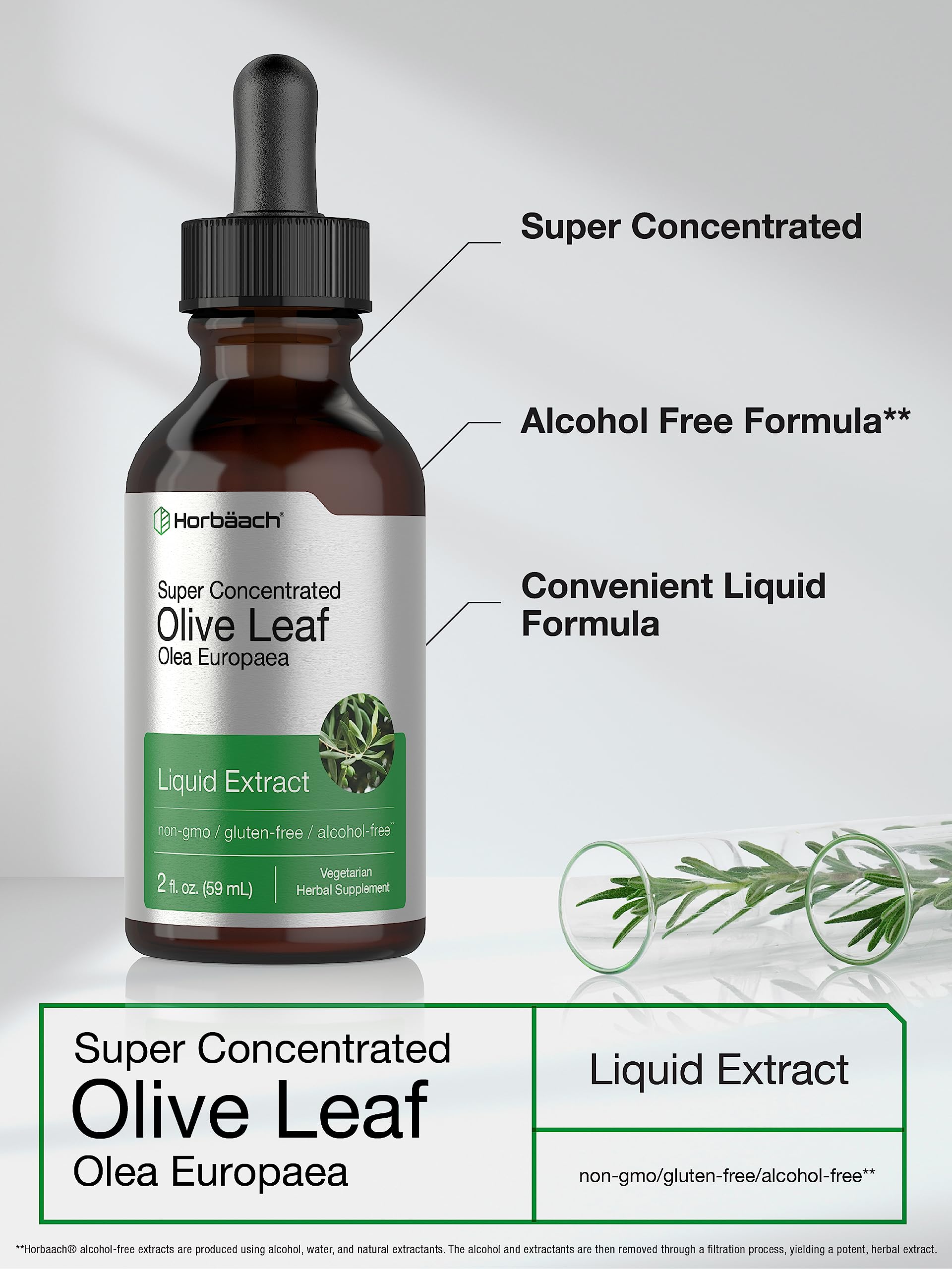 Horbäach Olive Leaf Extract Liquid | 2 fl oz | Super Strength | Alcohol Free, Vegetarian, Non-GMO, Gluten Free - Image 3