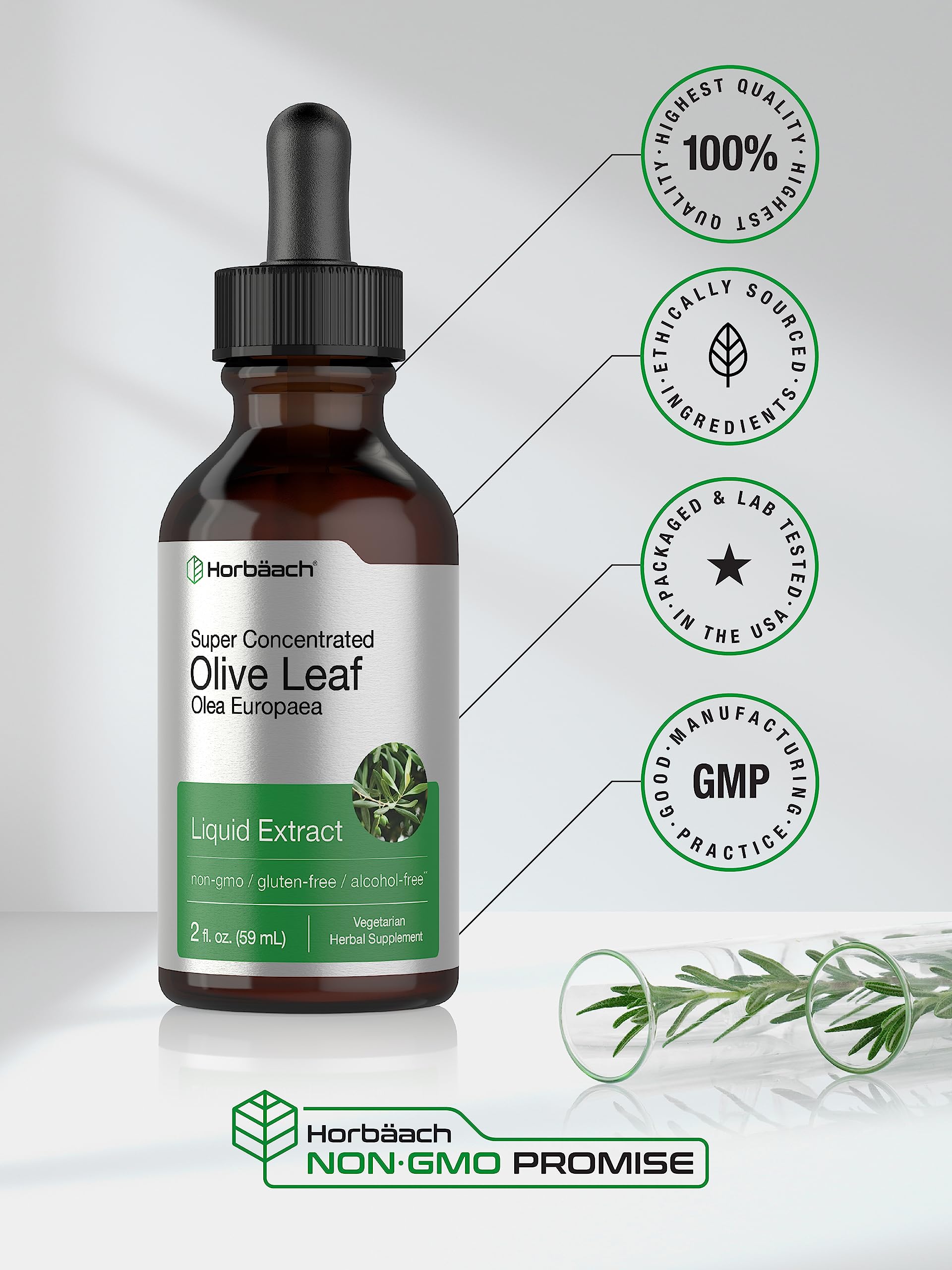 Horbäach Olive Leaf Extract Liquid | 2 fl oz | Super Strength | Alcohol Free, Vegetarian, Non-GMO, Gluten Free - Image 5