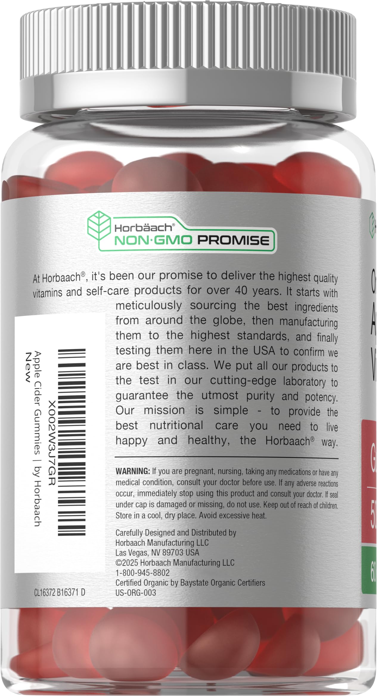 Horbäach Organic Apple Cider Vinegar Gummies | 60 Gummies | Vegan, Non-GMO & Gluten-Free Supplement | USDA Organic ACV | Apple Flavor - Image 3