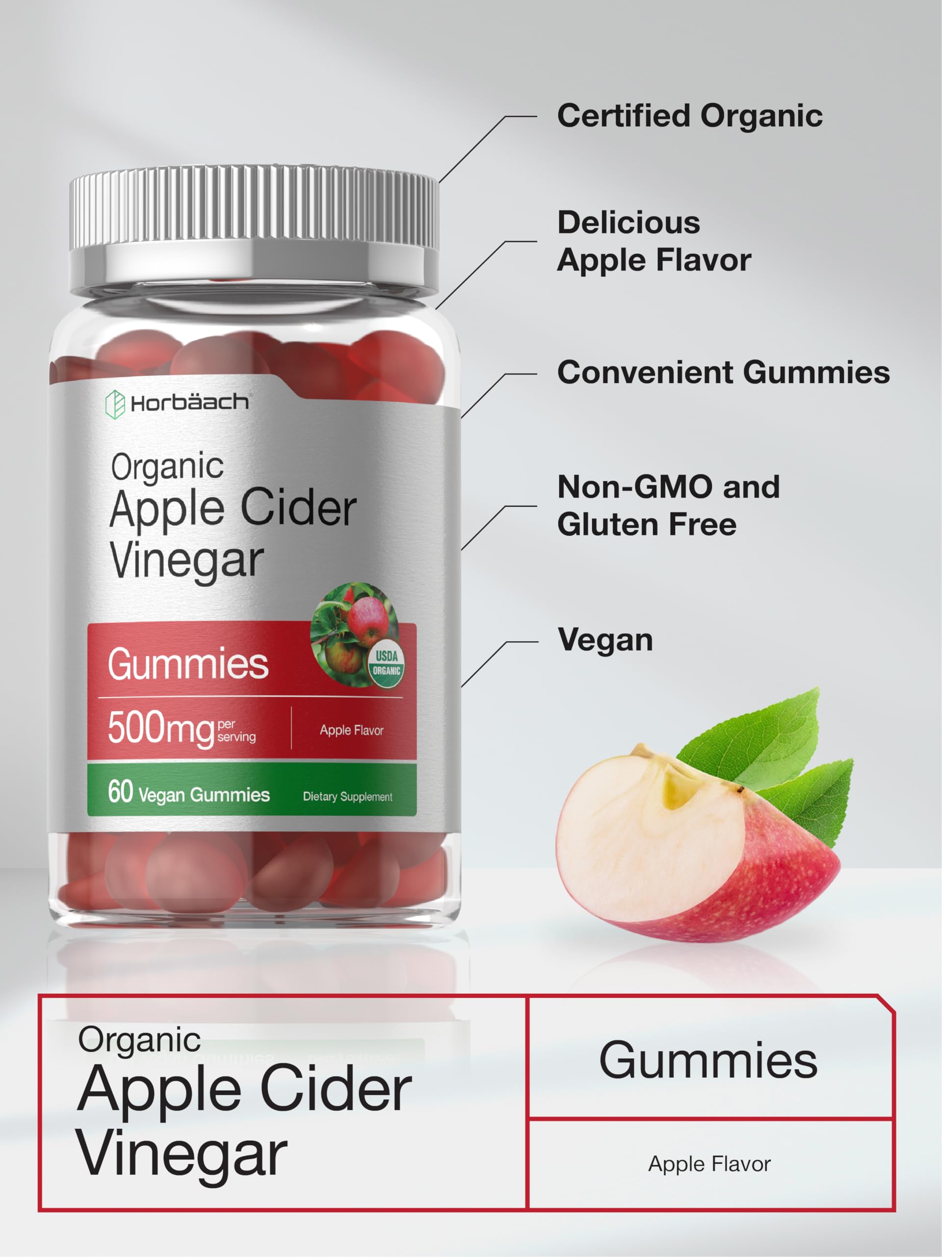 Horbäach Organic Apple Cider Vinegar Gummies | 60 Gummies | Vegan, Non-GMO & Gluten-Free Supplement | USDA Organic ACV | Apple Flavor - Image 4