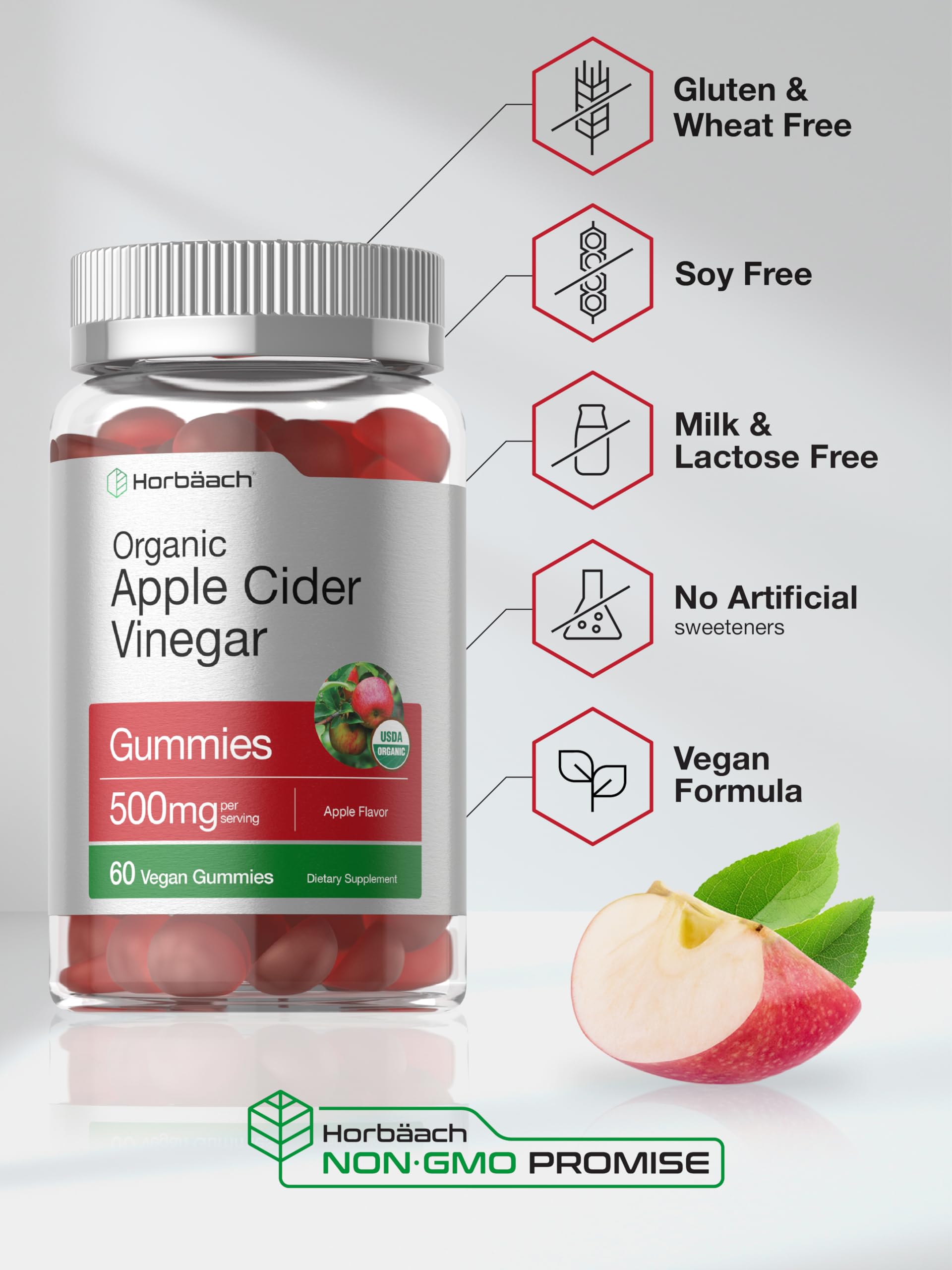 Horbäach Organic Apple Cider Vinegar Gummies | 60 Gummies | Vegan, Non-GMO & Gluten-Free Supplement | USDA Organic ACV | Apple Flavor - Image 5