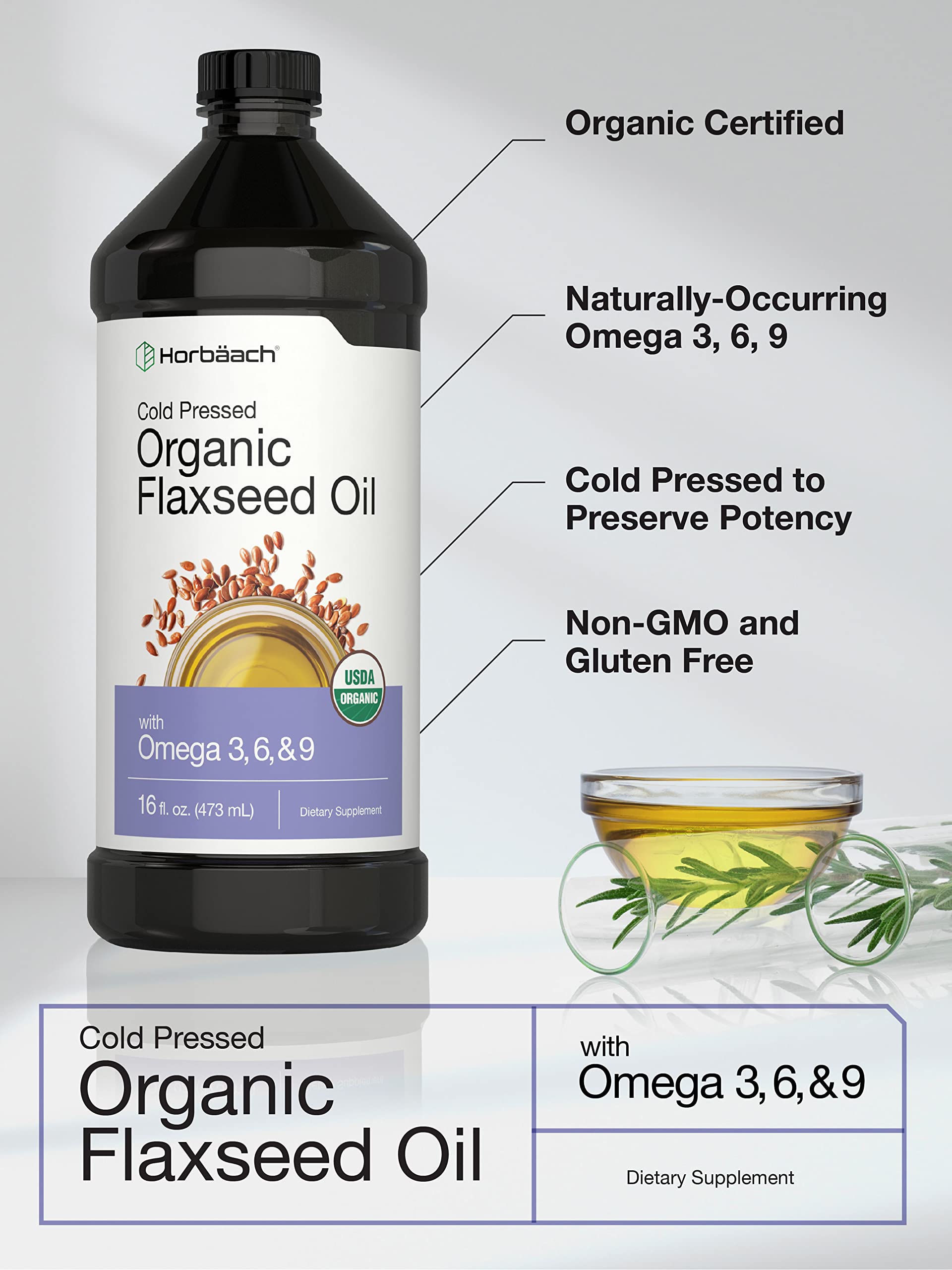 Horbäach Organic Flaxseed Oil | 3 Pack | 16 fl oz Each | Cold Pressed | with Omega 3, 6, 9 | Vegetarian, Non-GMO, Gluten Free Liquid - Image 3
