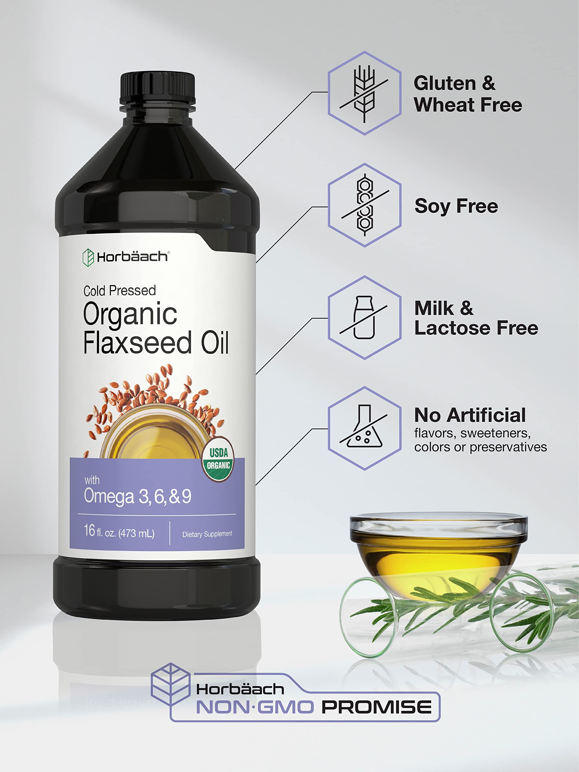 Horbäach Organic Flaxseed Oil | 3 Pack | 16 fl oz Each | Cold Pressed | with Omega 3, 6, 9 | Vegetarian, Non-GMO, Gluten Free Liquid - Image 4