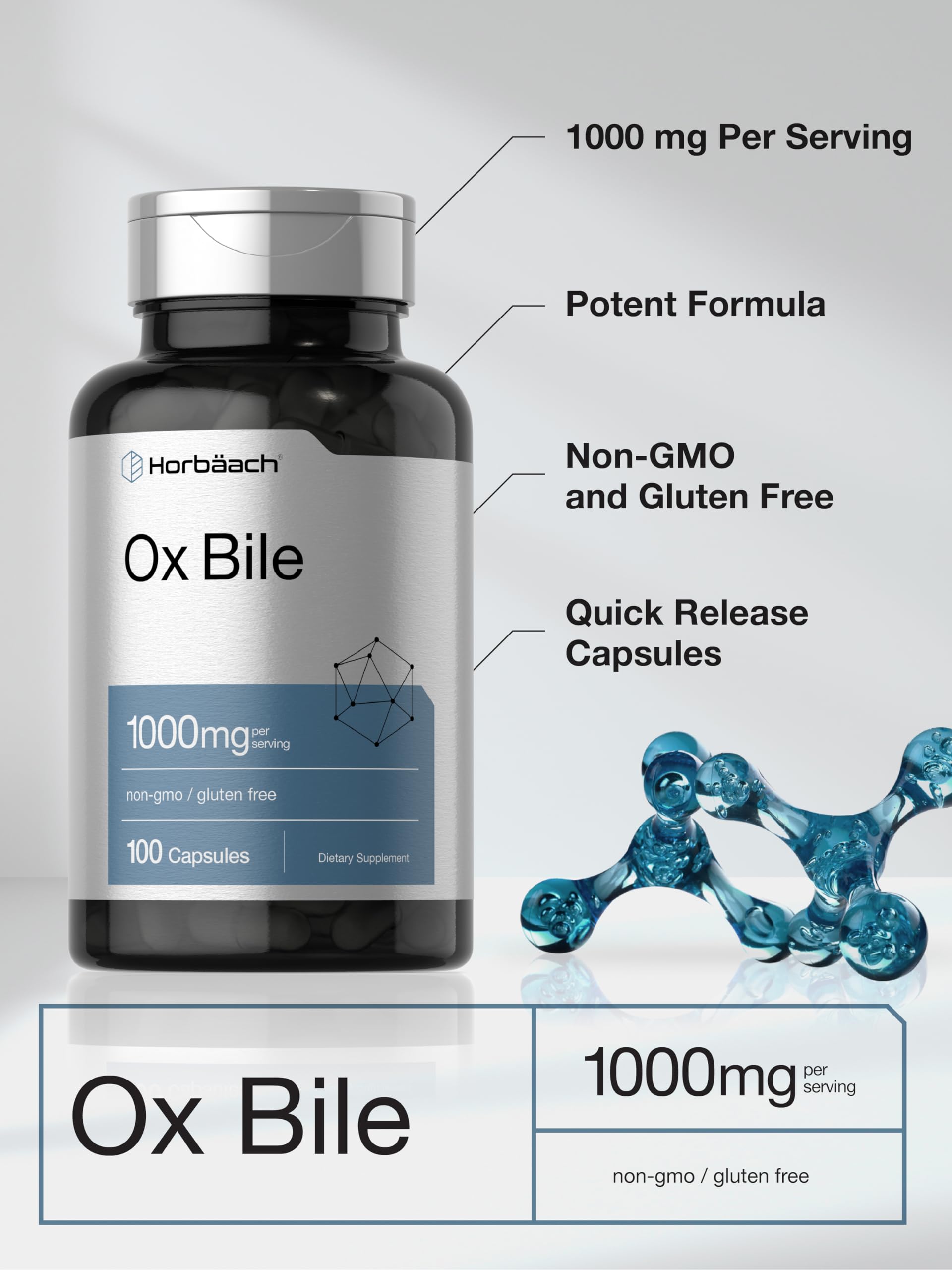 Horbäach Ox Bile Supplement | 1000mg | 100 Capsules | Digestive Enzymes Supplement | Non-GMO & Gluten Free - Image 4