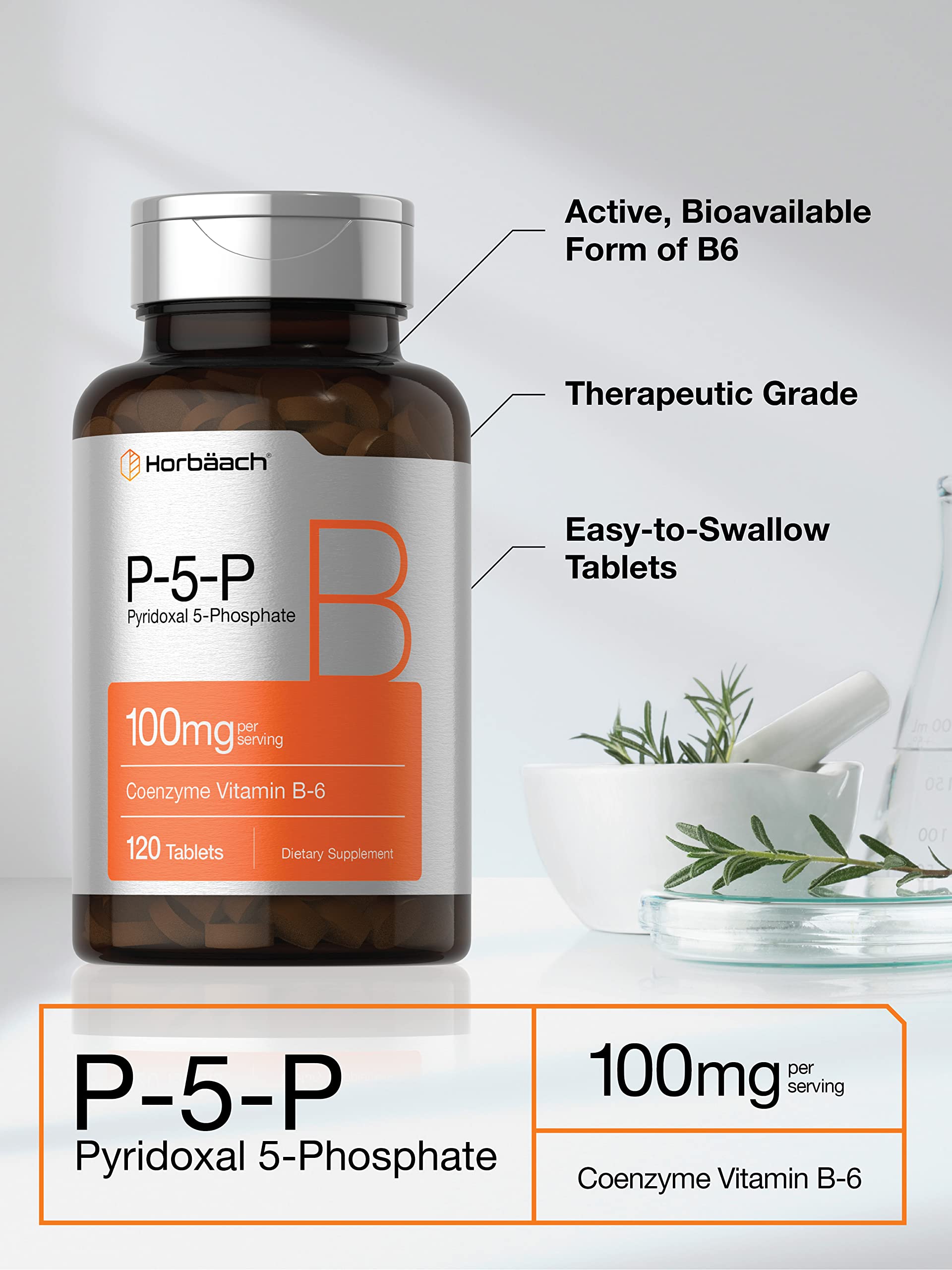 Horbäach P5P Activated Vitamin B6 100mg | 120 Tablets | Vegetarian Supplement, Non-GMO, Gluten Free | Pyridoxal 5 Phosphate | Coenzyme B6 - Image 3