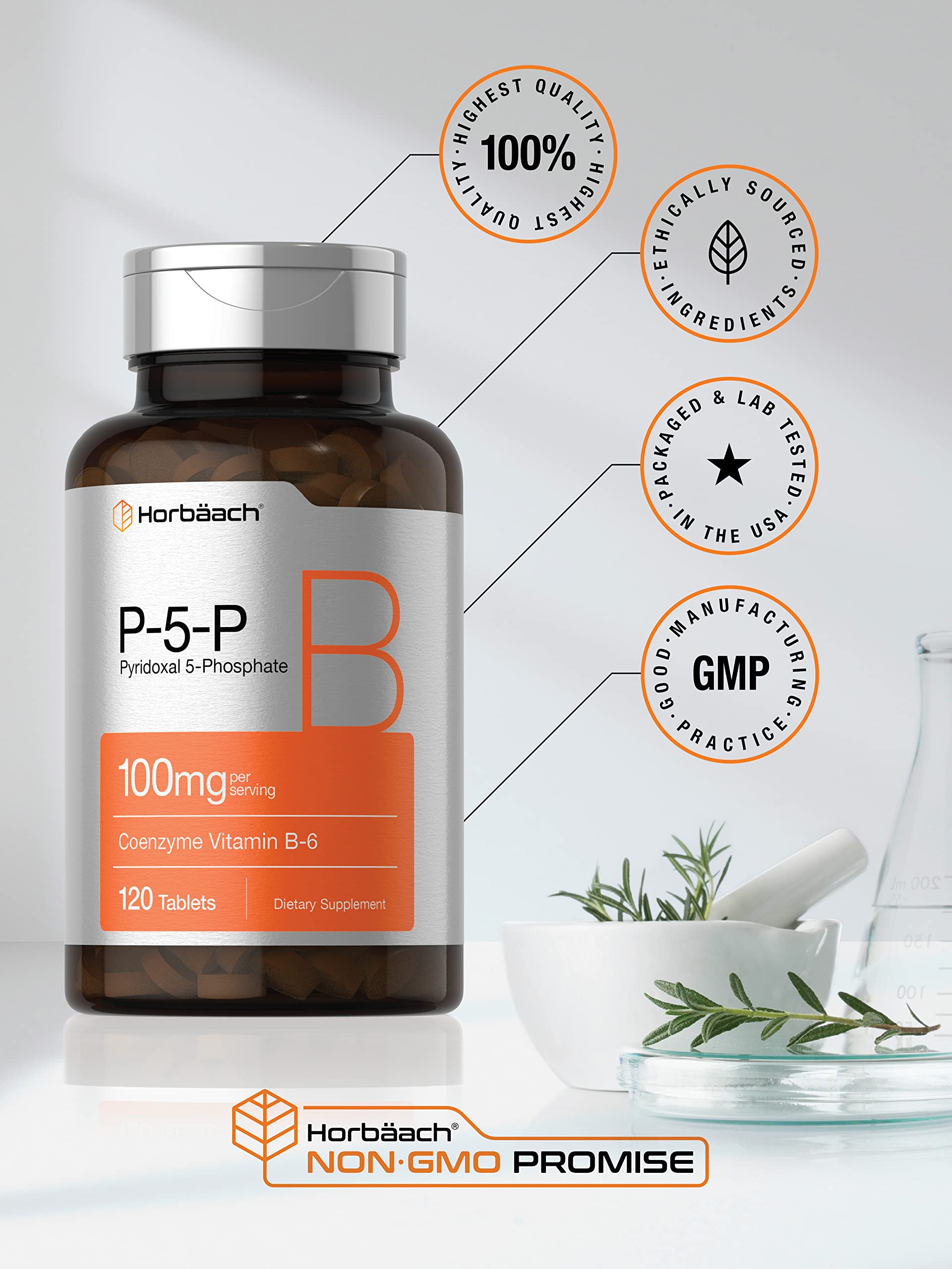 Horbäach P5P Activated Vitamin B6 100mg | 120 Tablets | Vegetarian Supplement, Non-GMO, Gluten Free | Pyridoxal 5 Phosphate | Coenzyme B6 - Image 5
